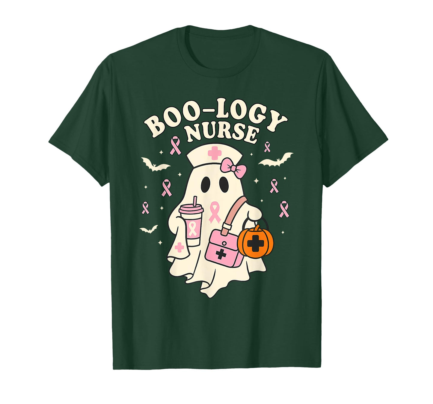 Boo-logy Nurse Ghost Halloween Breast Cancer Awareness T-Shirt