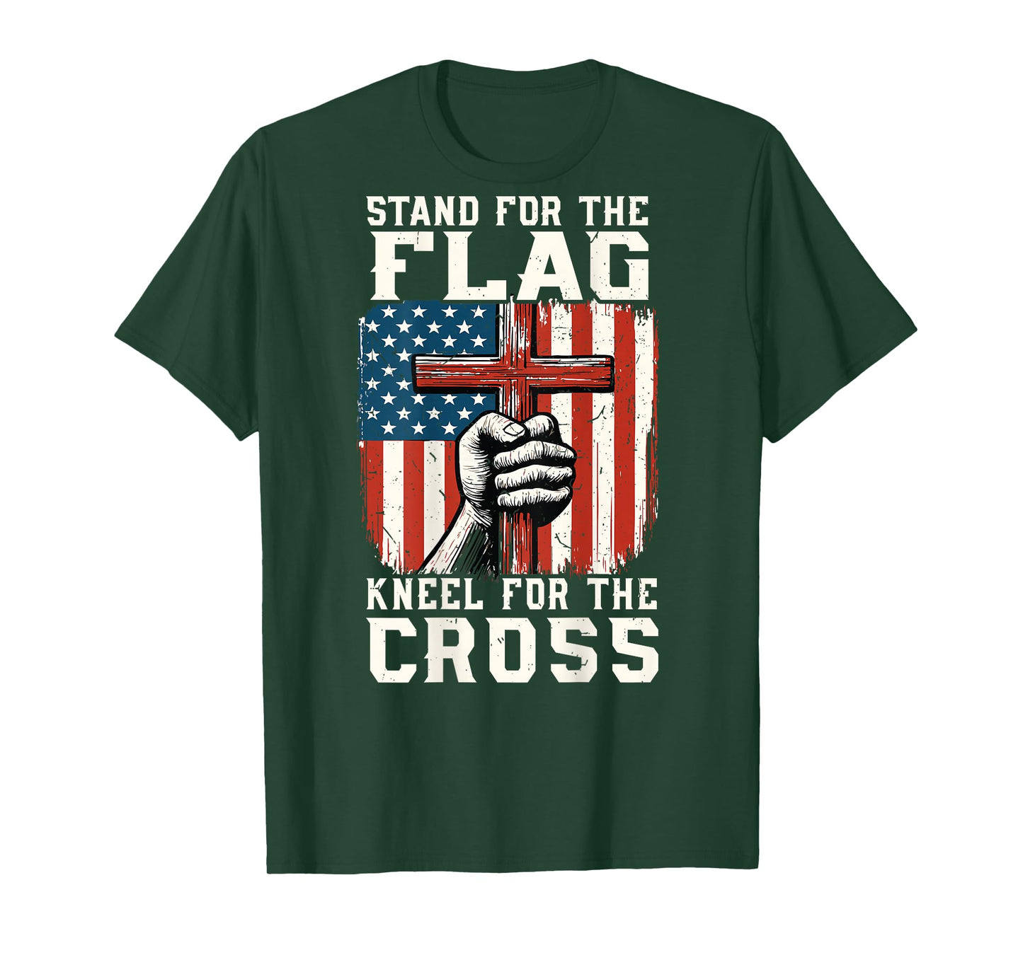 Men Stand for Flag Kneel The Cross Faith Christian Patriotic T-Shirt