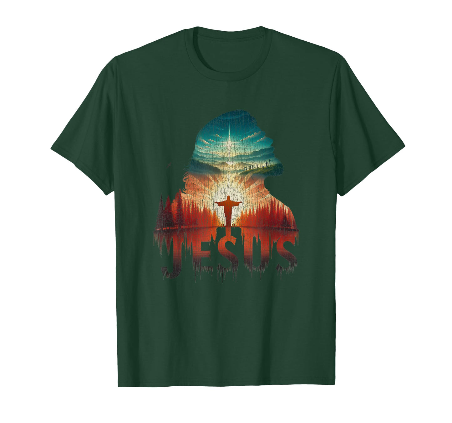 Vintage Jesus Christ Portrait Retro Sunset Mountain T-Shirt