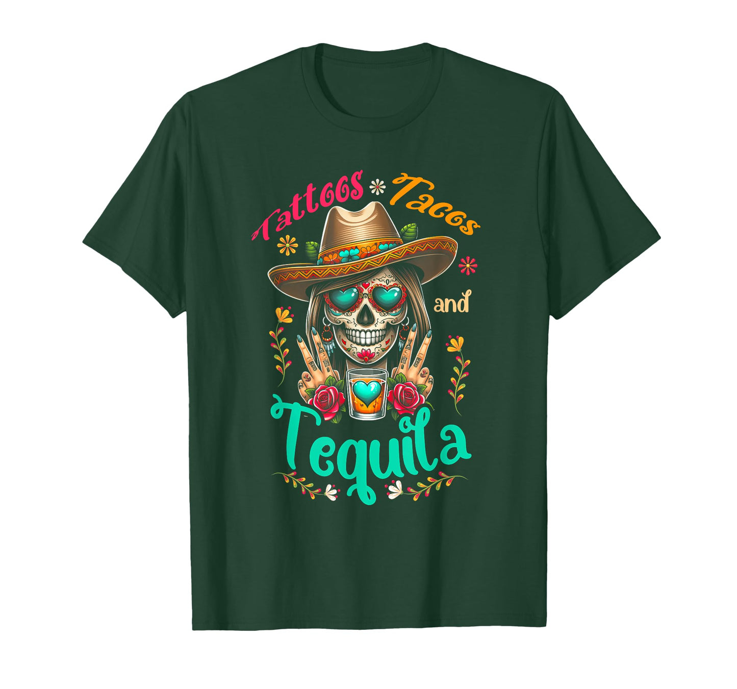 Tattoos Tacos Tequila Mexican Womens Skull Cinco De Mayo T-Shirt
