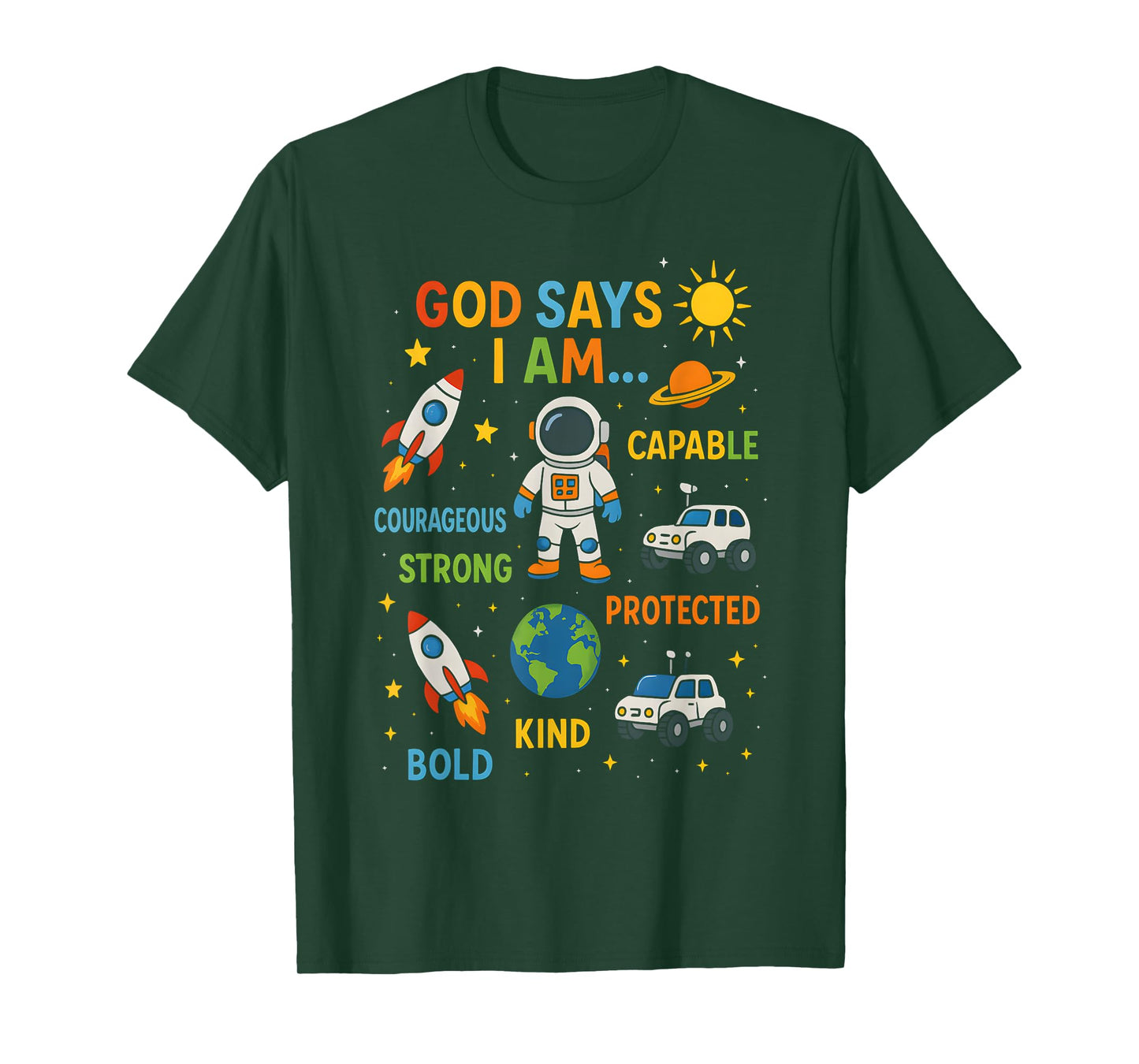 God Says I Am Astronaut Science Kids Boys Planets Space T-Shirt