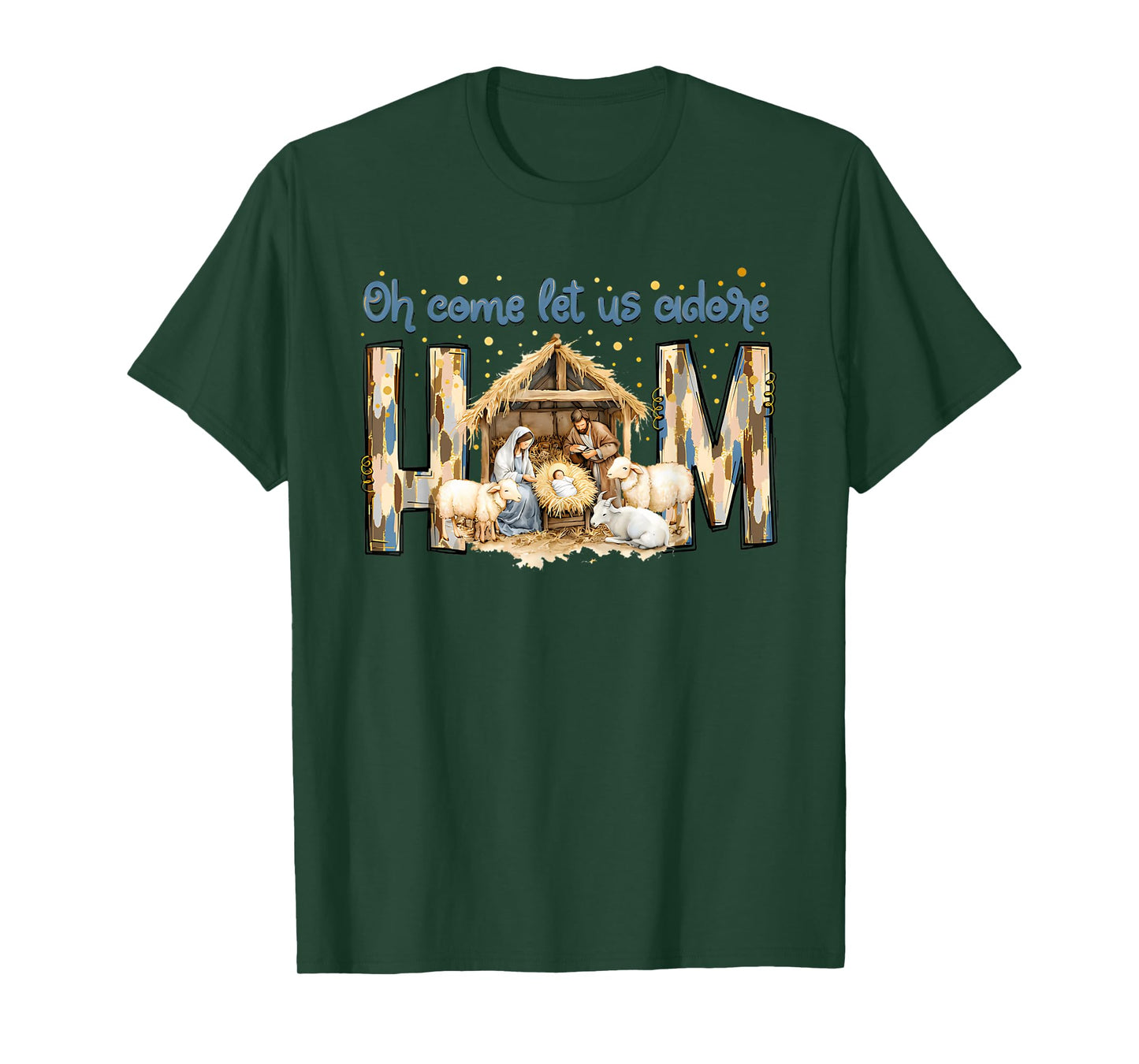 Oh Come Let Us Adore Him Vintage Jesus Christmas T-Shirt - Unisex-Adults, Unisex-Kids - Black - Small - Short Sleeve - Christmas-Themed Jesus T-Shirt