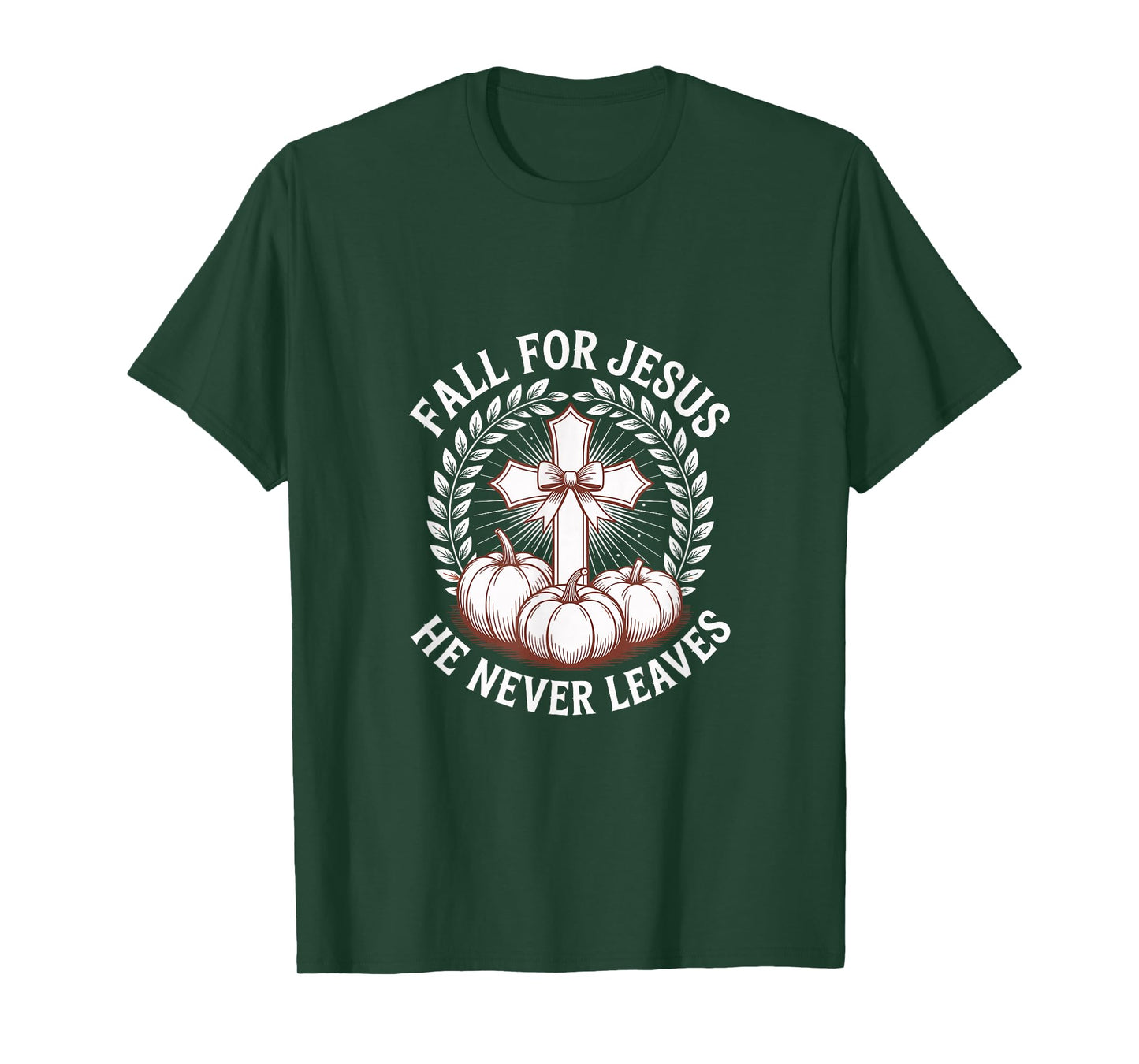 Fall for Jesus He Never Leaves Faith Pumpkins Cross T-Shirt