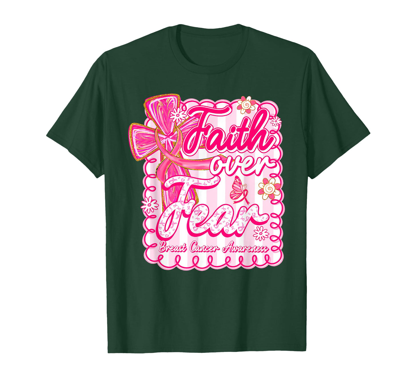 Faith Over Fear Coquette Bow Plaid Breast Cancer Awareness T-Shirt