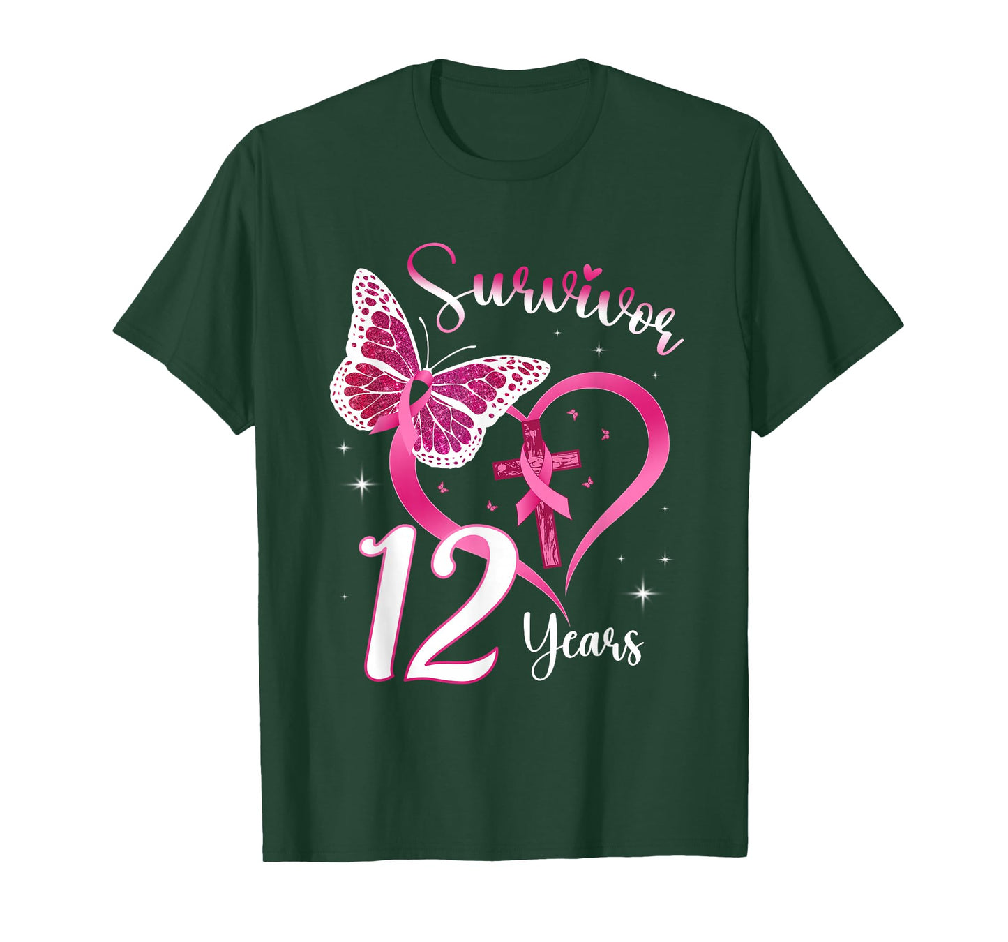 Breast Cancer Survivor Pink Ribbon Butterfly 12 Years Gift T-Shirt