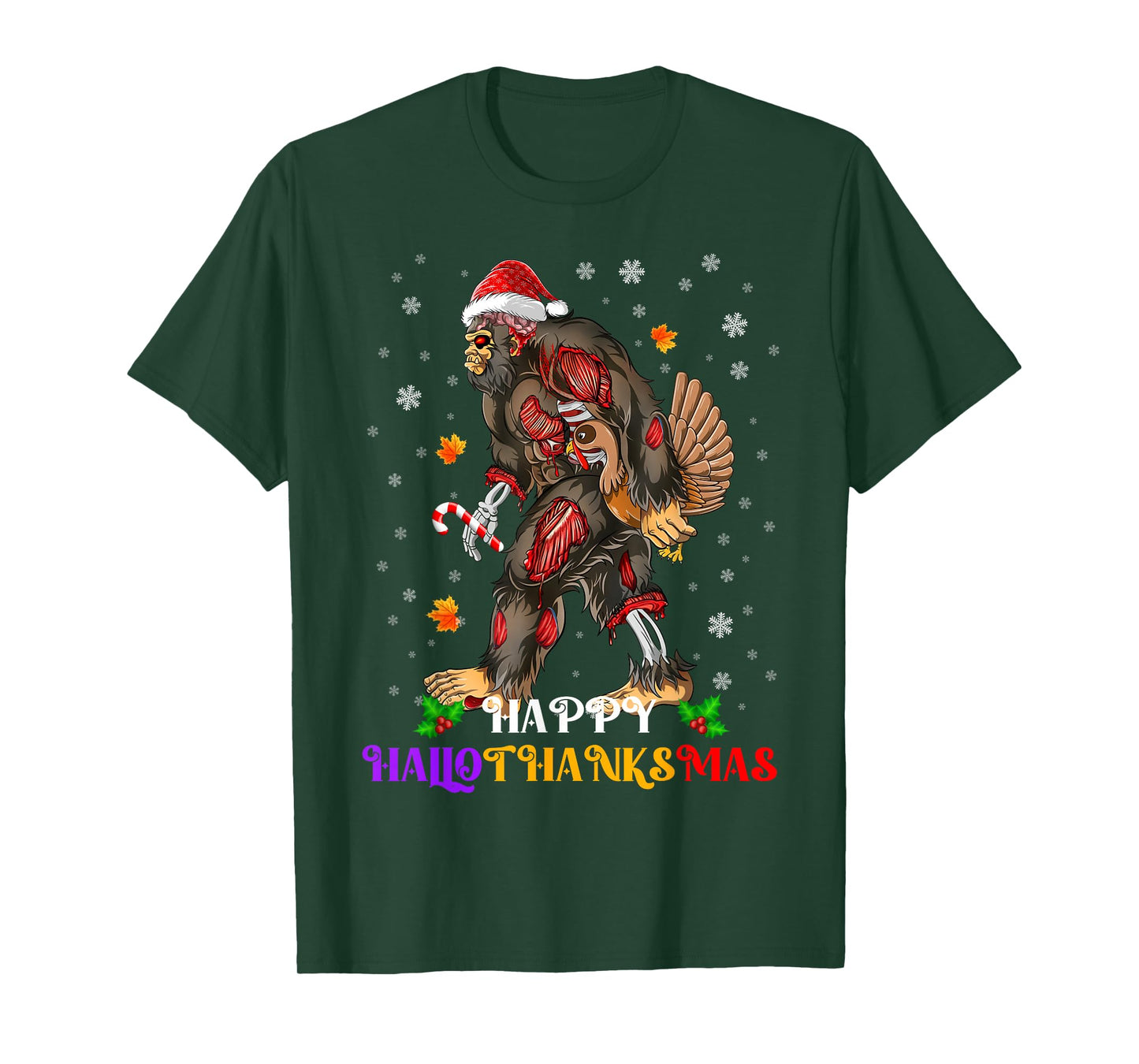 Happy Hallothanksmas Bigfoot Halloween Thanksgiving Xmas T-Shirt
