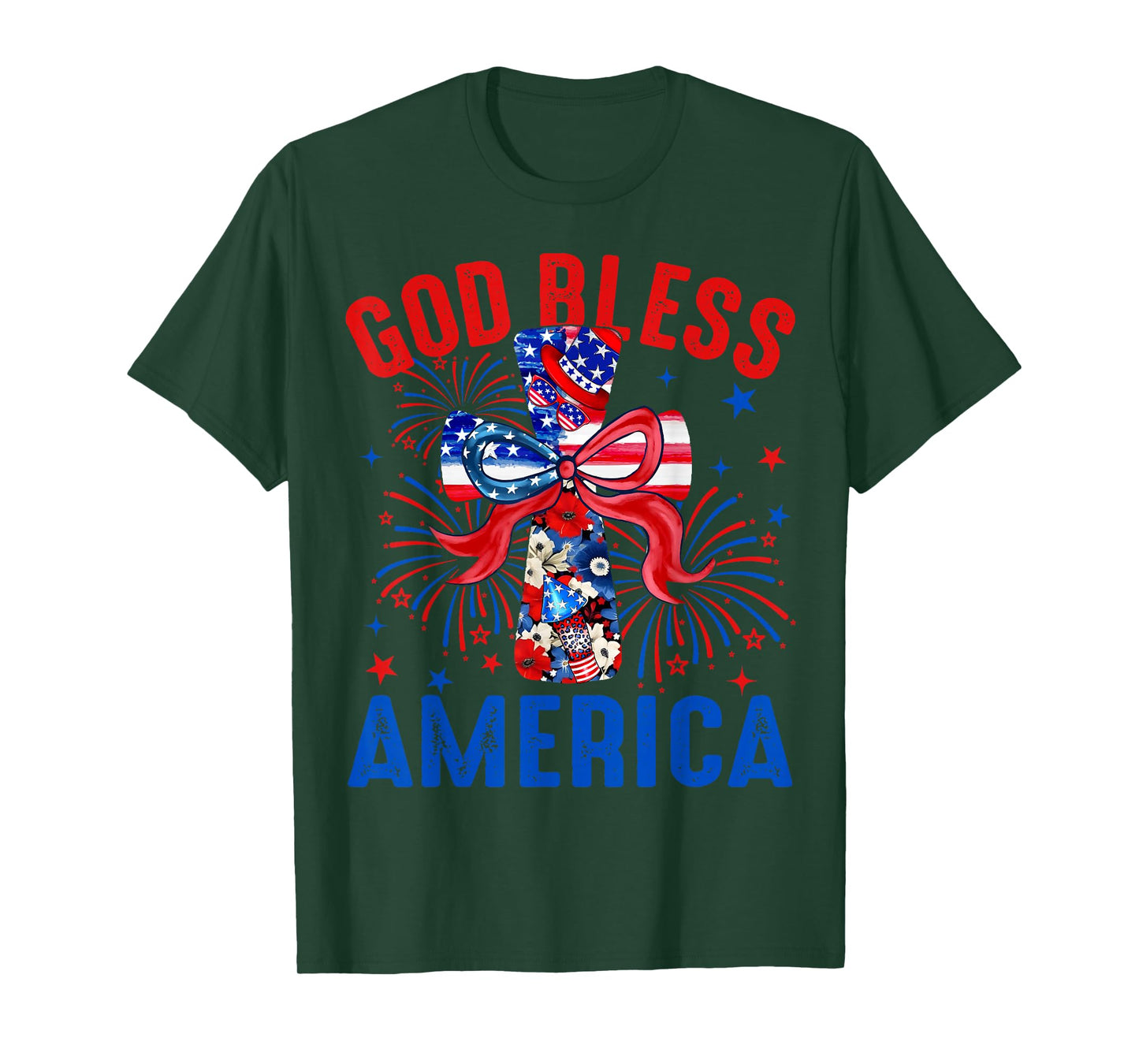 God Bless America Coquette Bow Cross 4th July Christian T-Shirt