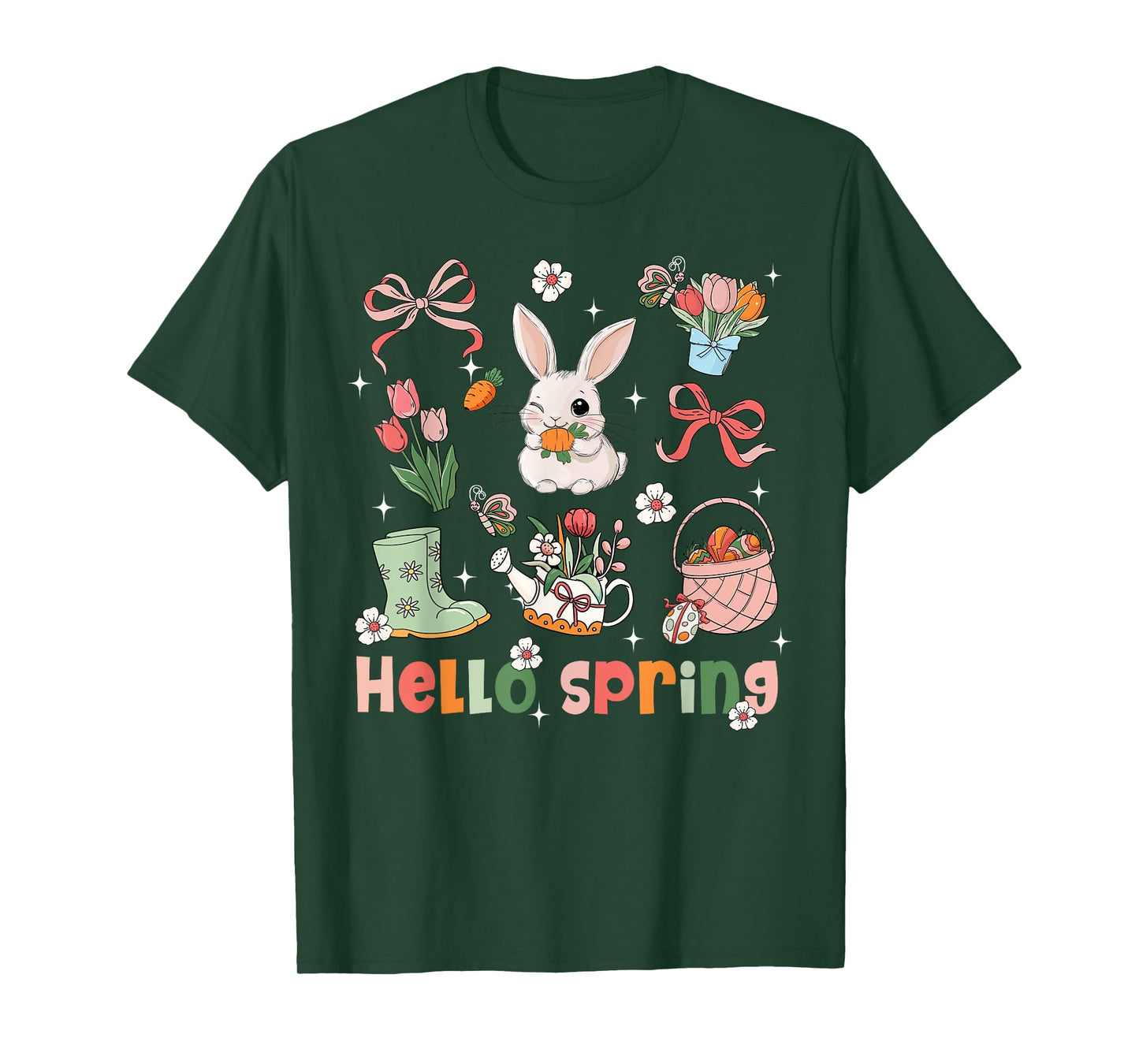 Hello Spring Bunny Rabbit Coquette Bow Easter Day Egg Hunt T-Shirt
