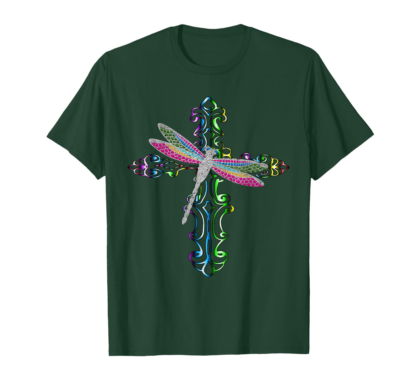 Rainbow Dragonfly Cross Christian Religious Faith Jesus T-Shirt