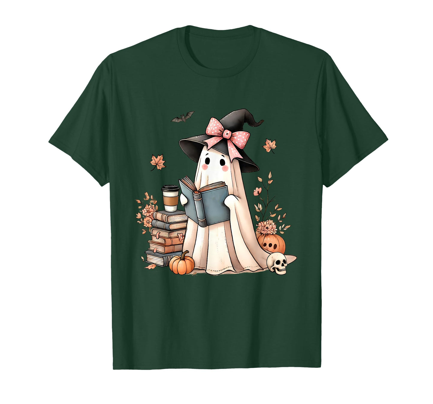 Cute Ghost Reading Book Lovers Halloween Ghost Coffee Women T-Shirt