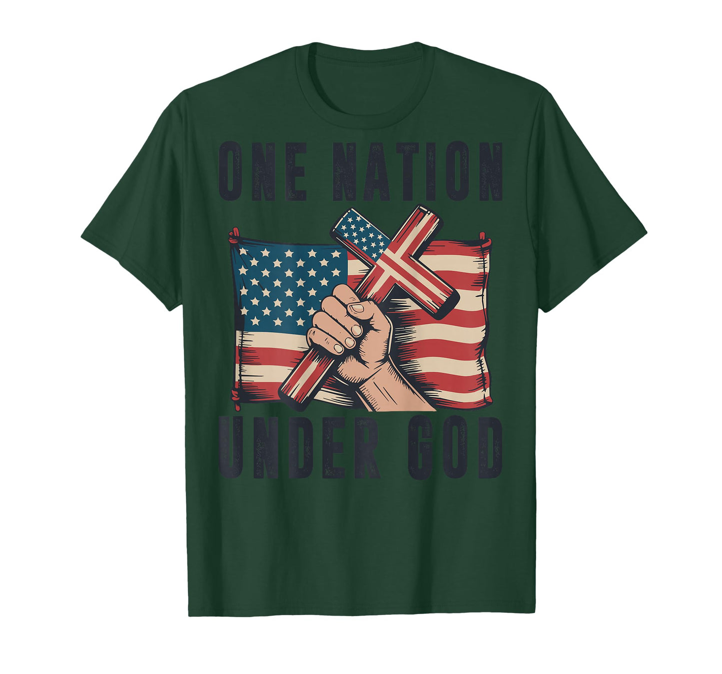 One Nation Under God Christian Patriotic Cross American Flag T-Shirt
