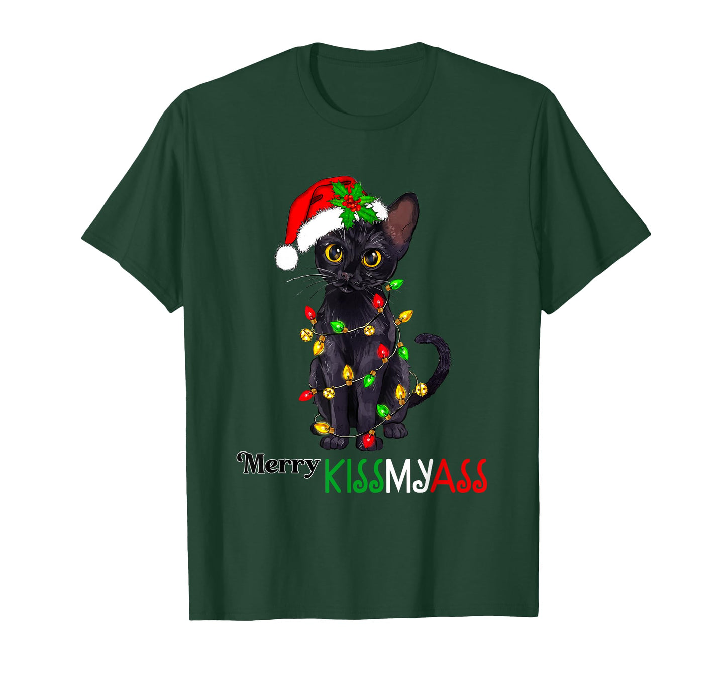 Funny Black Cat Merry Kissmyass Xmas Pajamas Chritsmas T-Shirt for Men Women