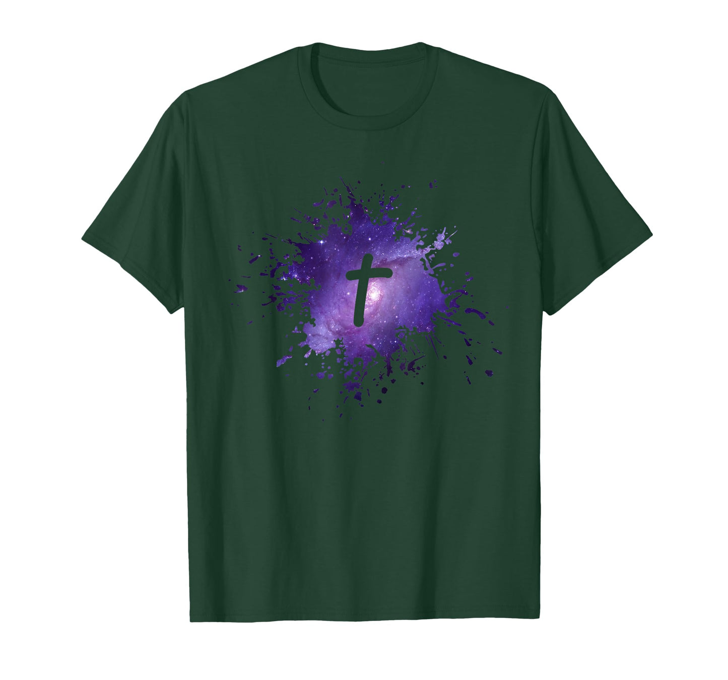 Purple Galaxy Splatter Design with Cross Christian Men Women T-Shirt
