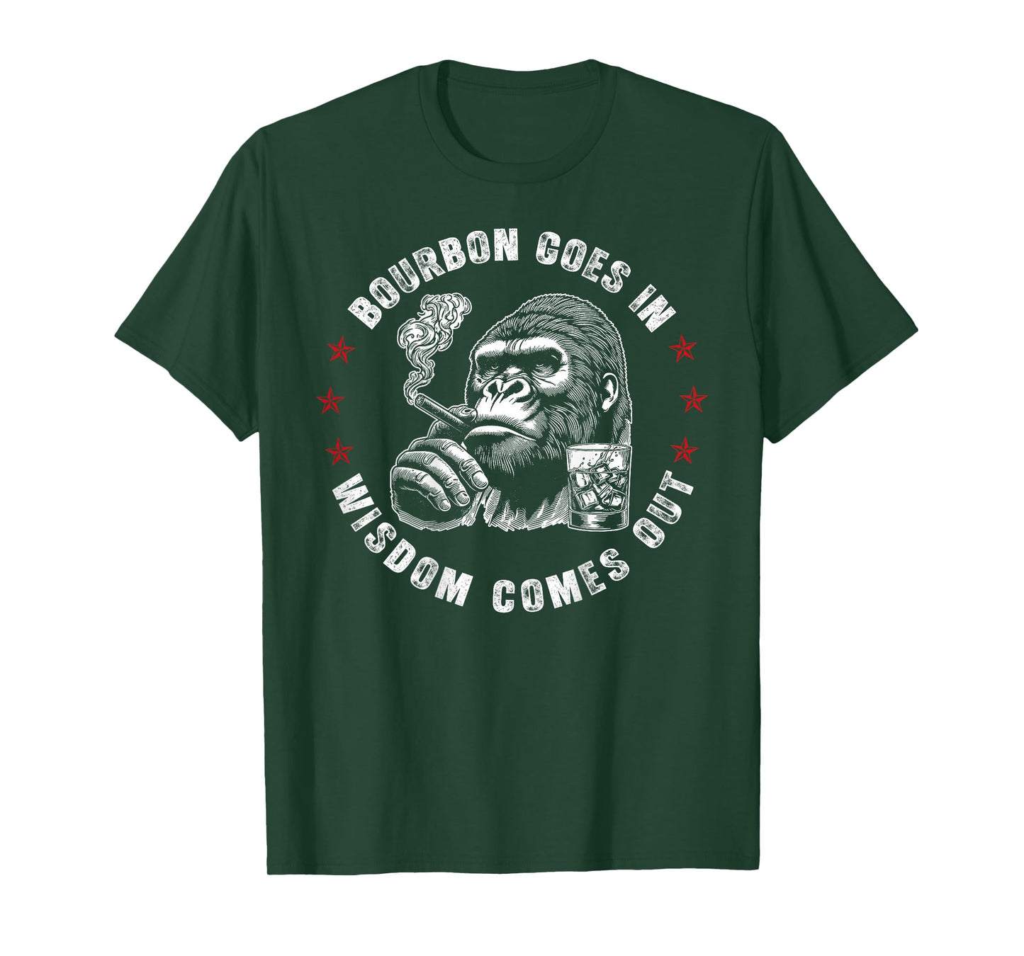 Bourbon Goes in Wisdom Comes Out Monkey Whiskey (ON Back) T-Shirt