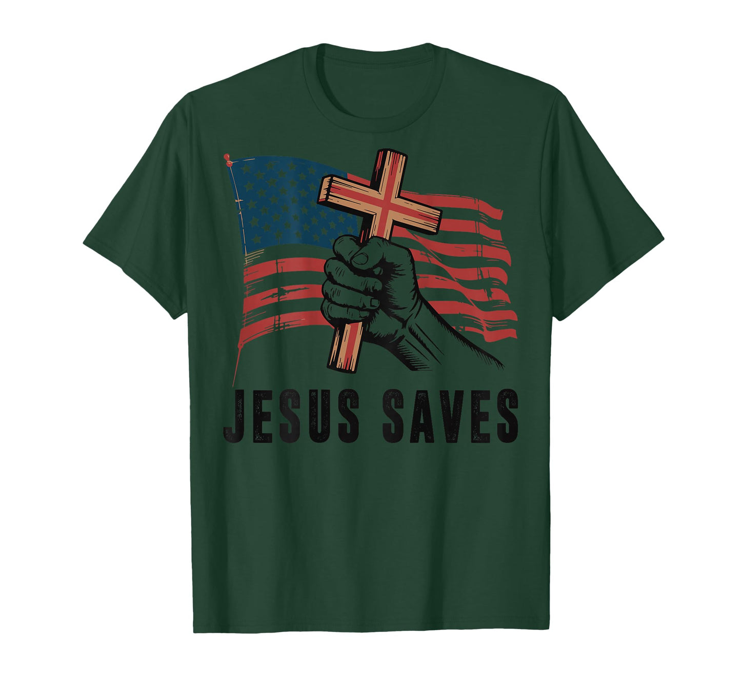 White Jesus Saves American Flag Christian Patriotic Cross T-Shirt