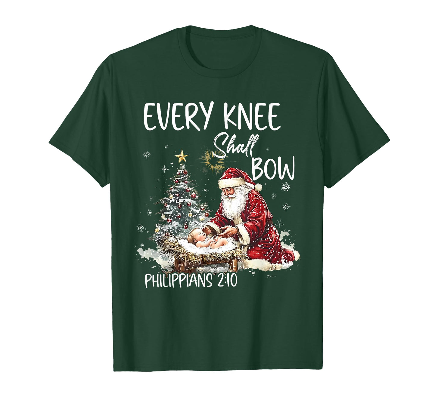 Vintage Every Knee Shall Bow Santa Clause Religious Xmas T-Shirt
