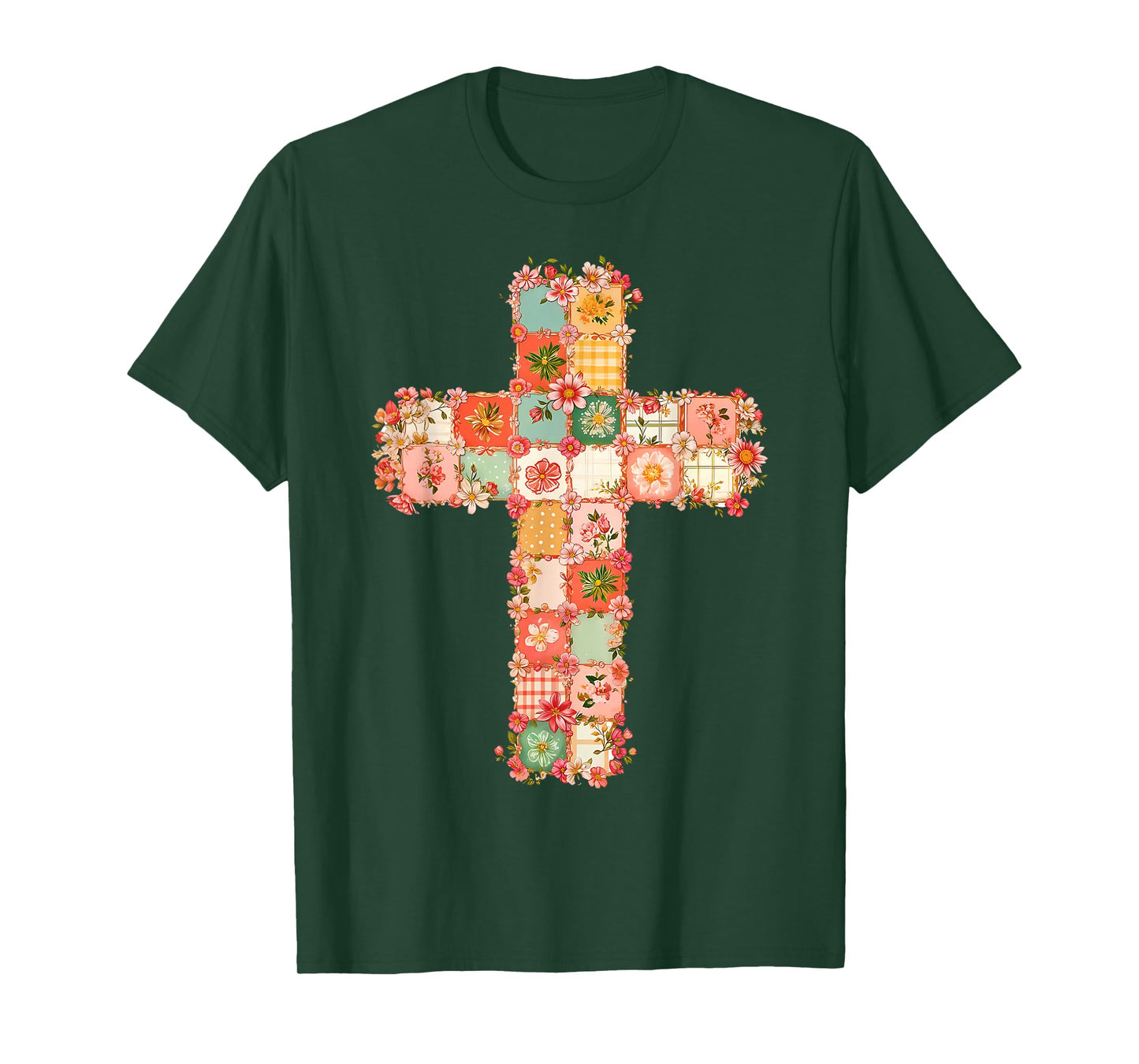 Vintage Christian Cross Floral Patchwork Religious Jesus T-Shirt
