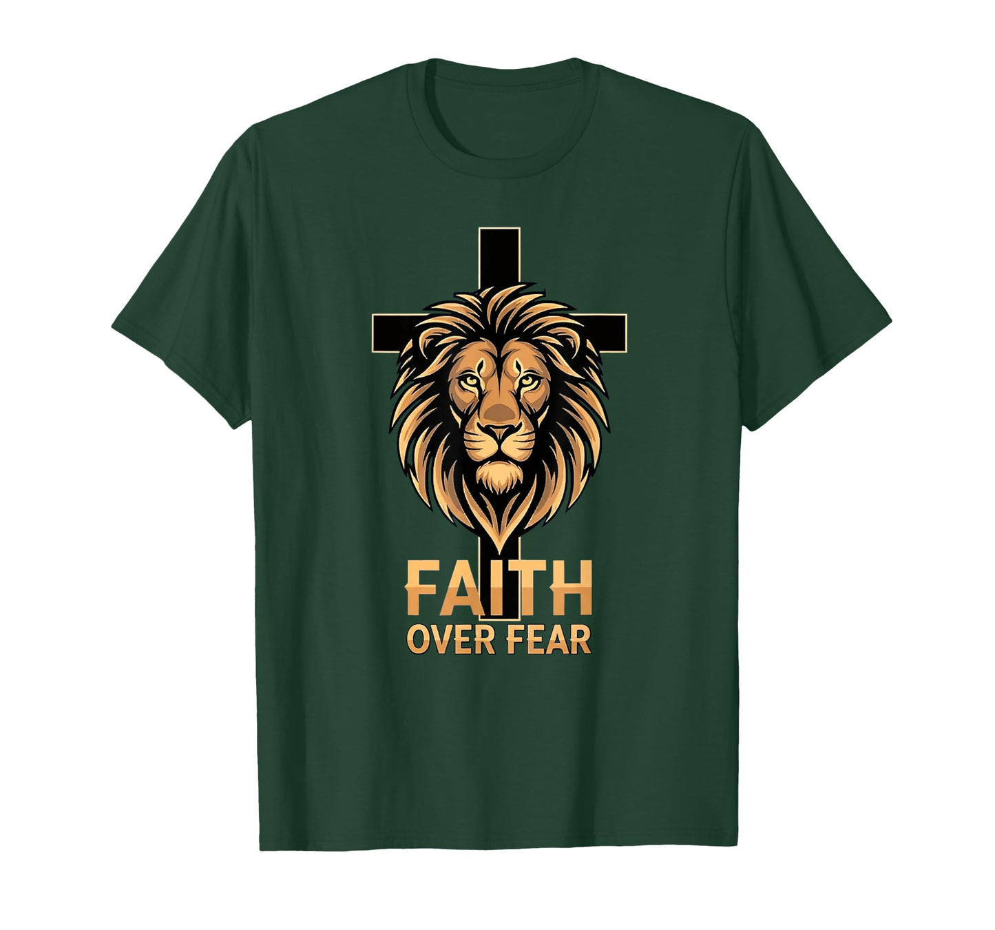 Christian Faith Overcomes Fear Cross Lion Design T-Shirt