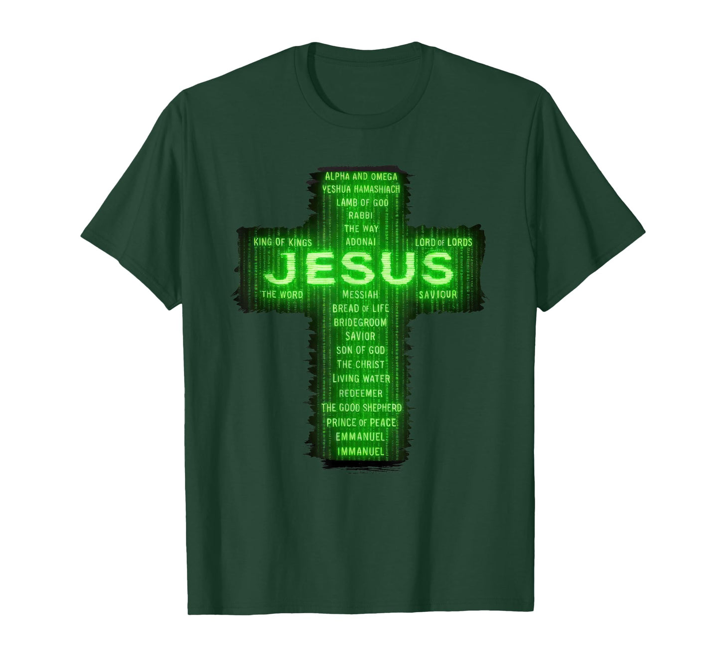 Christian Names of Jesus Cross Striking Digital Falling Code T-Shirt