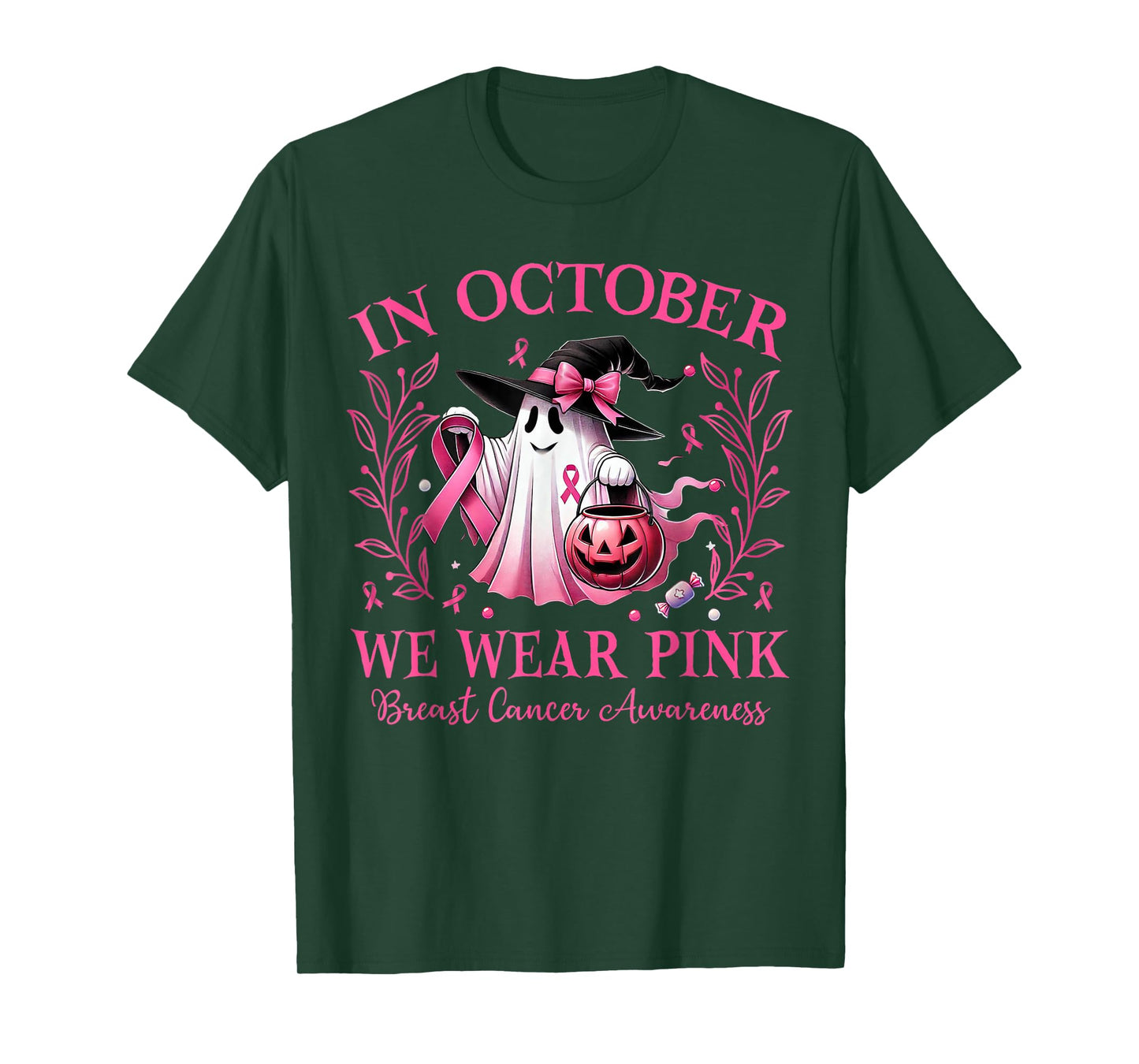 in October We Wear Pink Ghost Witch Breast Cancer Awareness T-Shirt