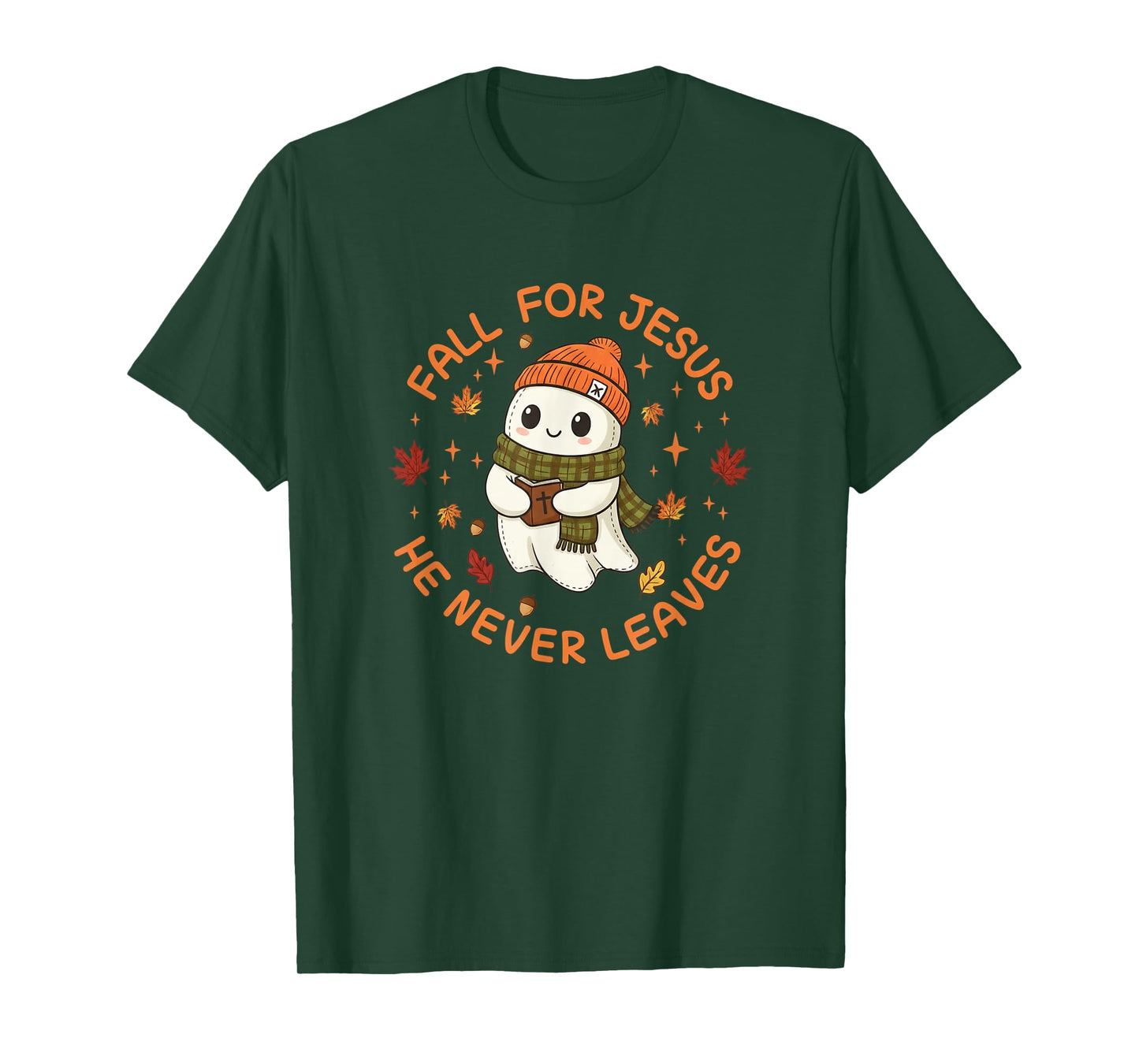 Fall for Jesus He Never Leaves - Christian Halloween T-Shirt