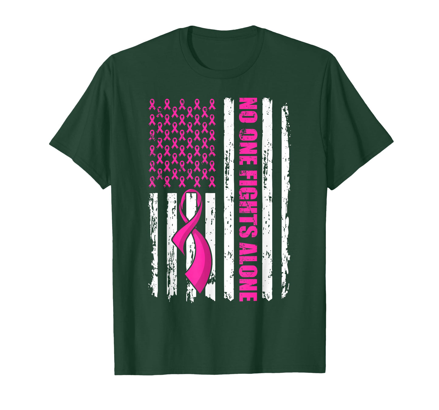 No One Fight Breast Cancer Alone Pink Ribbon American Flag T-Shirt