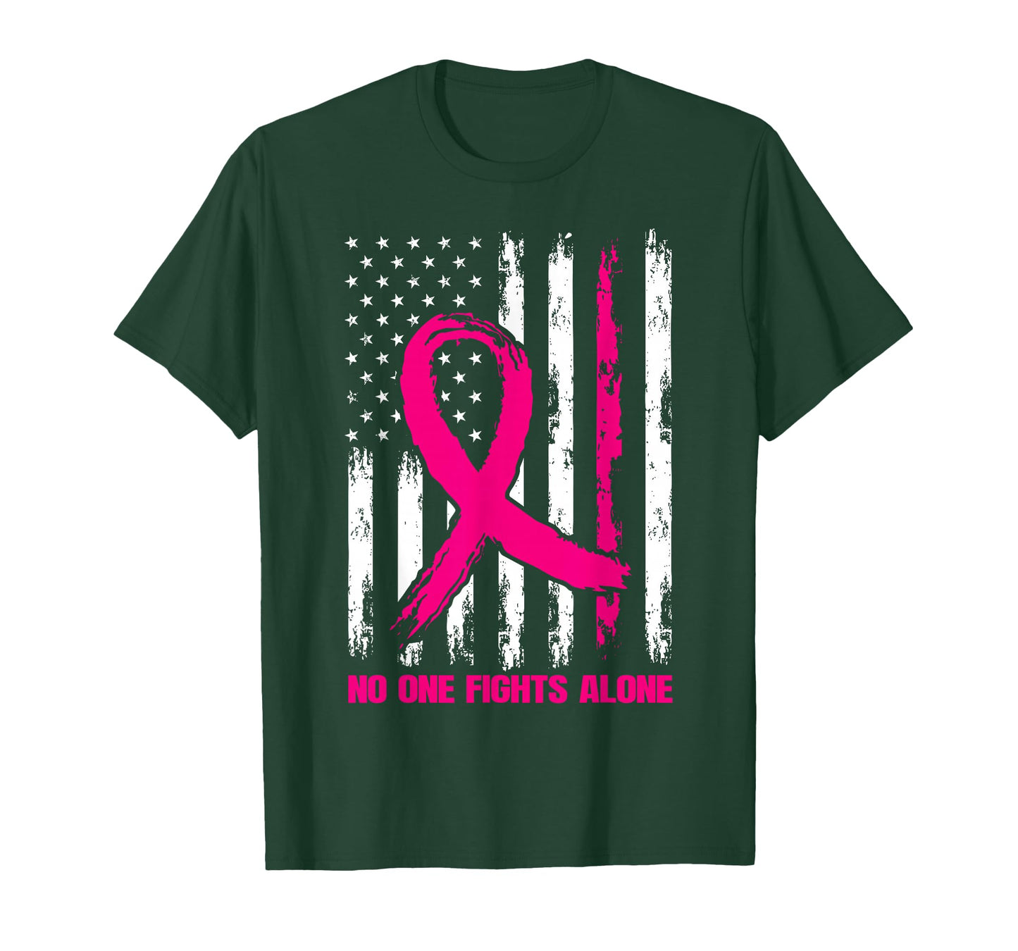 No One Fight Breast Cancer Alone Pink Ribbon American Flag T-Shirt