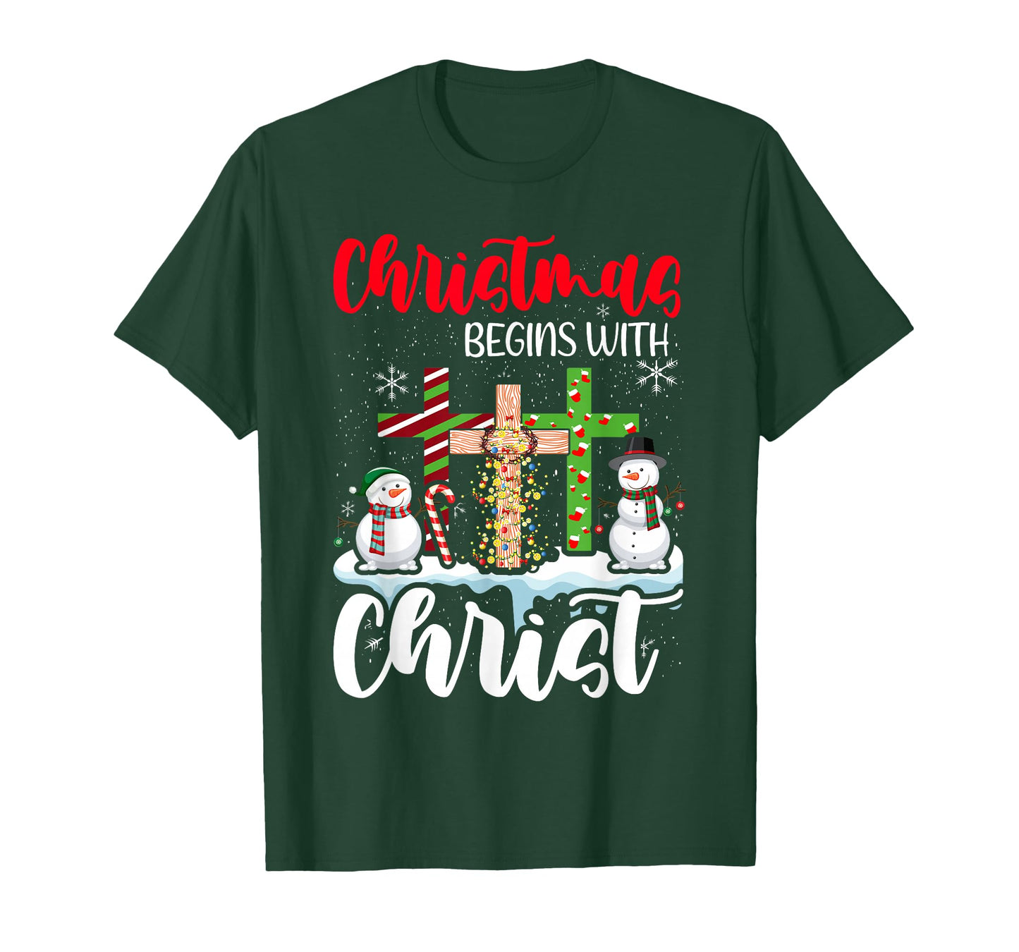 Christmas Begins With Christ Snowman Christian Cross Xmas T-Shirt