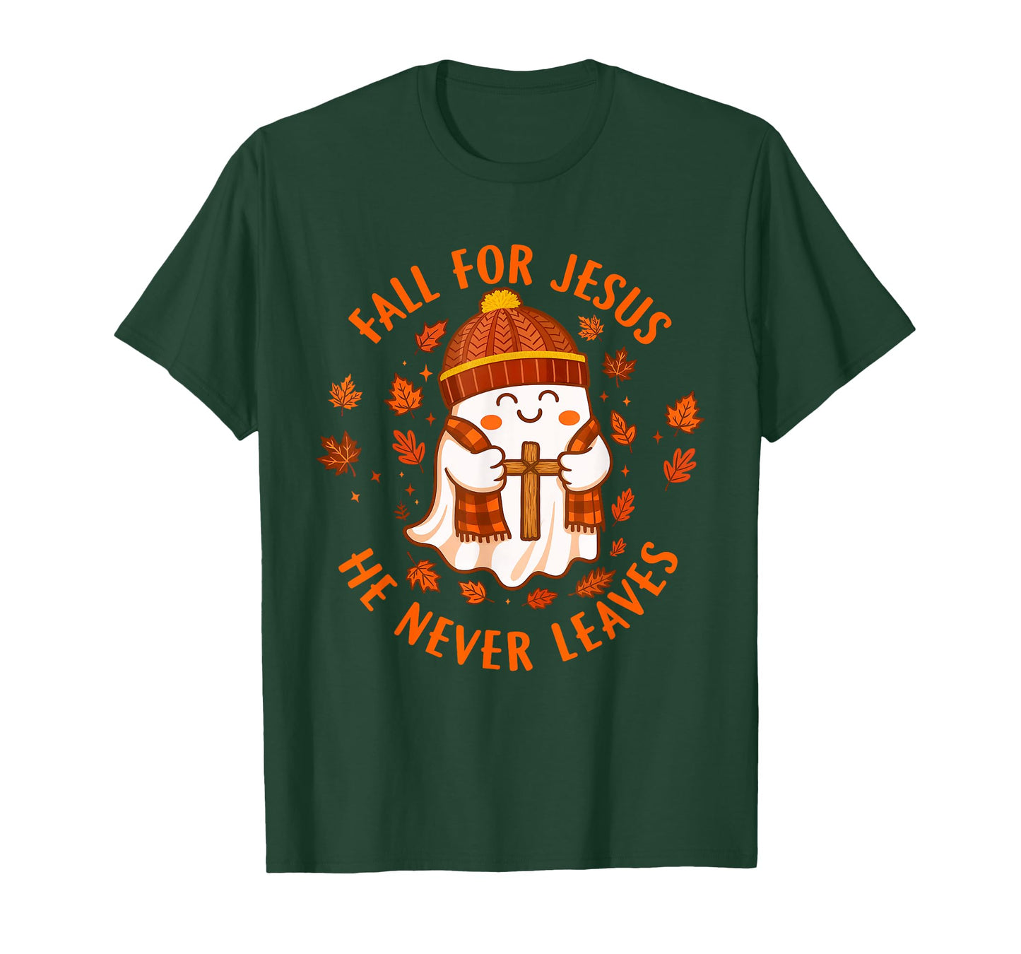 Fall for Jesus He Never Leaves Christian Ghost Halloween T-Shirt
