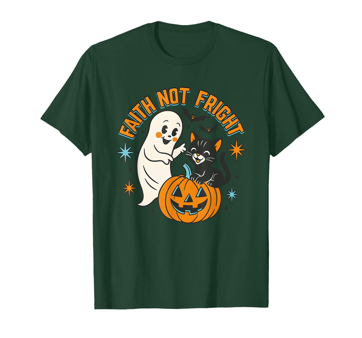 Ghost and Black Cat Faith Not Fright Halloween T-Shirt