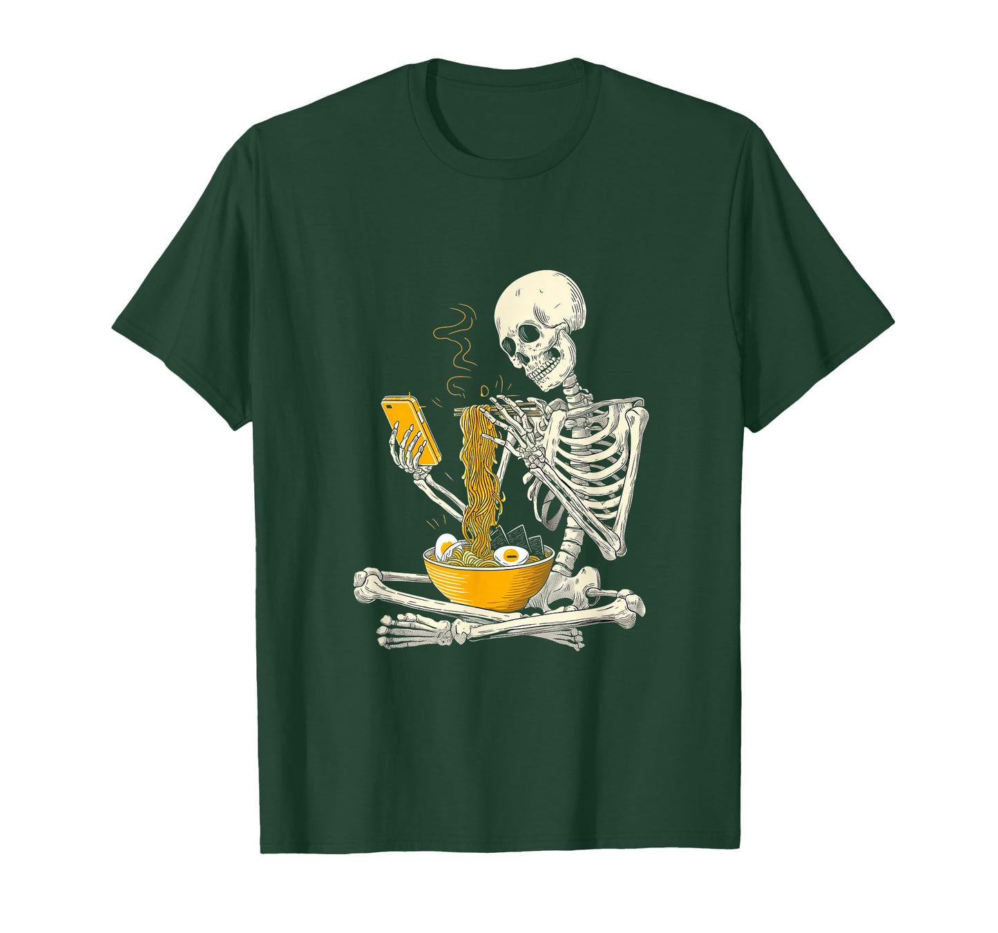 Funny Skeleton Eat Ramen Noodles Scroll Phone Halloween T-Shirt
