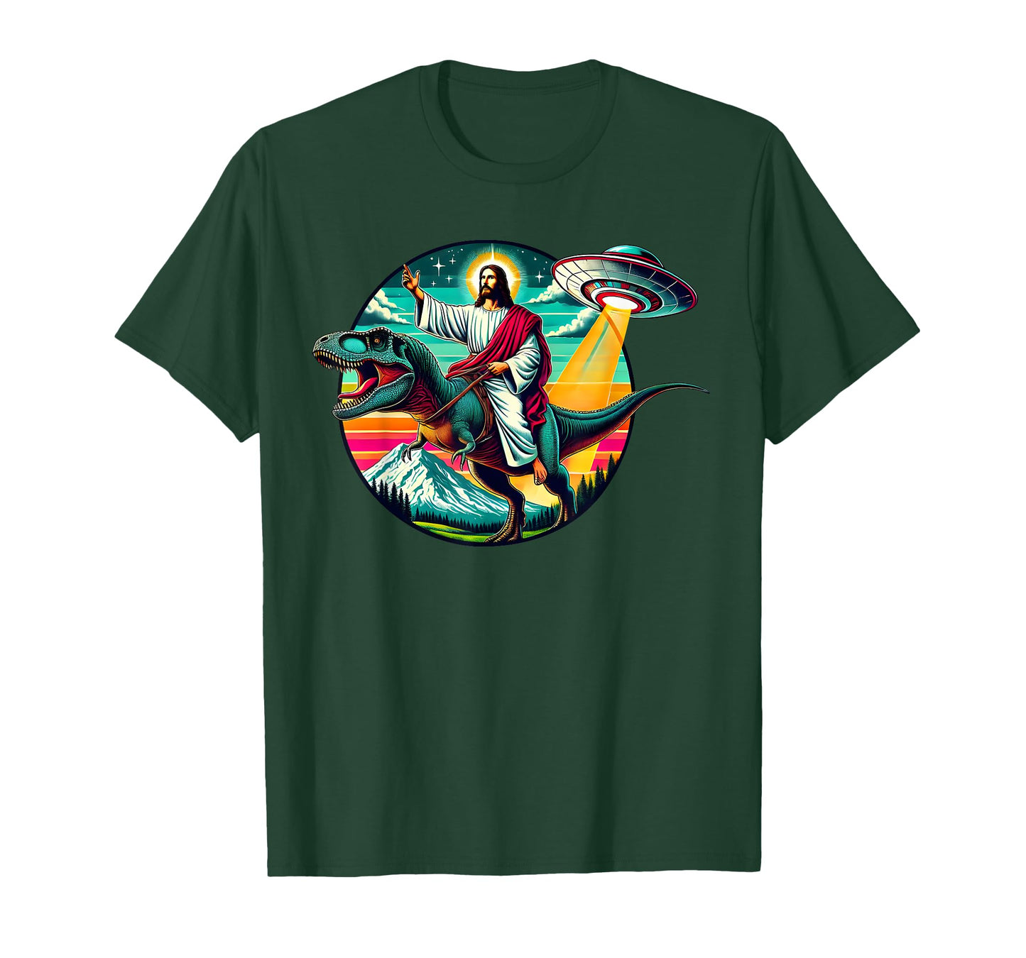 Jesus Riding Dinosaur UFO Alien Cross Religious Retro God T-Shirt