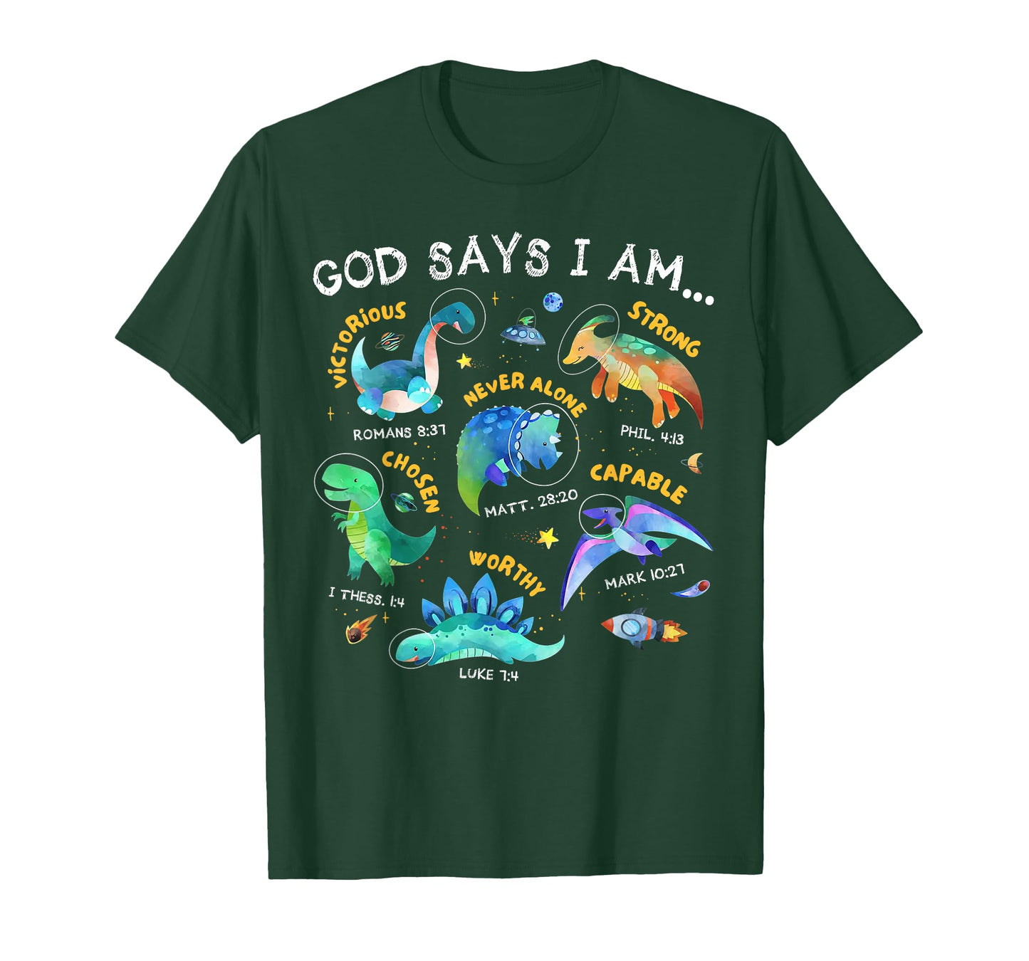 God Says I Am Outer Space Dinosaur Bible Christian Kids Boys T-Shirt