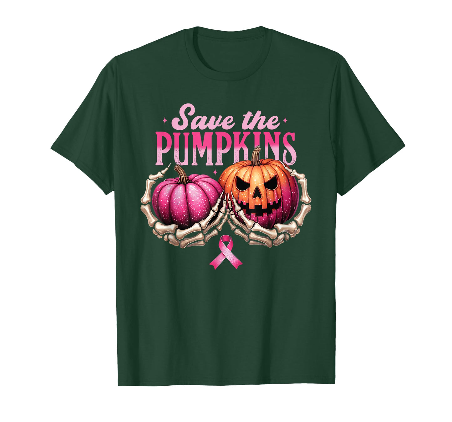 Save The Pumpkins Skeleton Hand Hold Breast Cancer Halloween T-Shirt