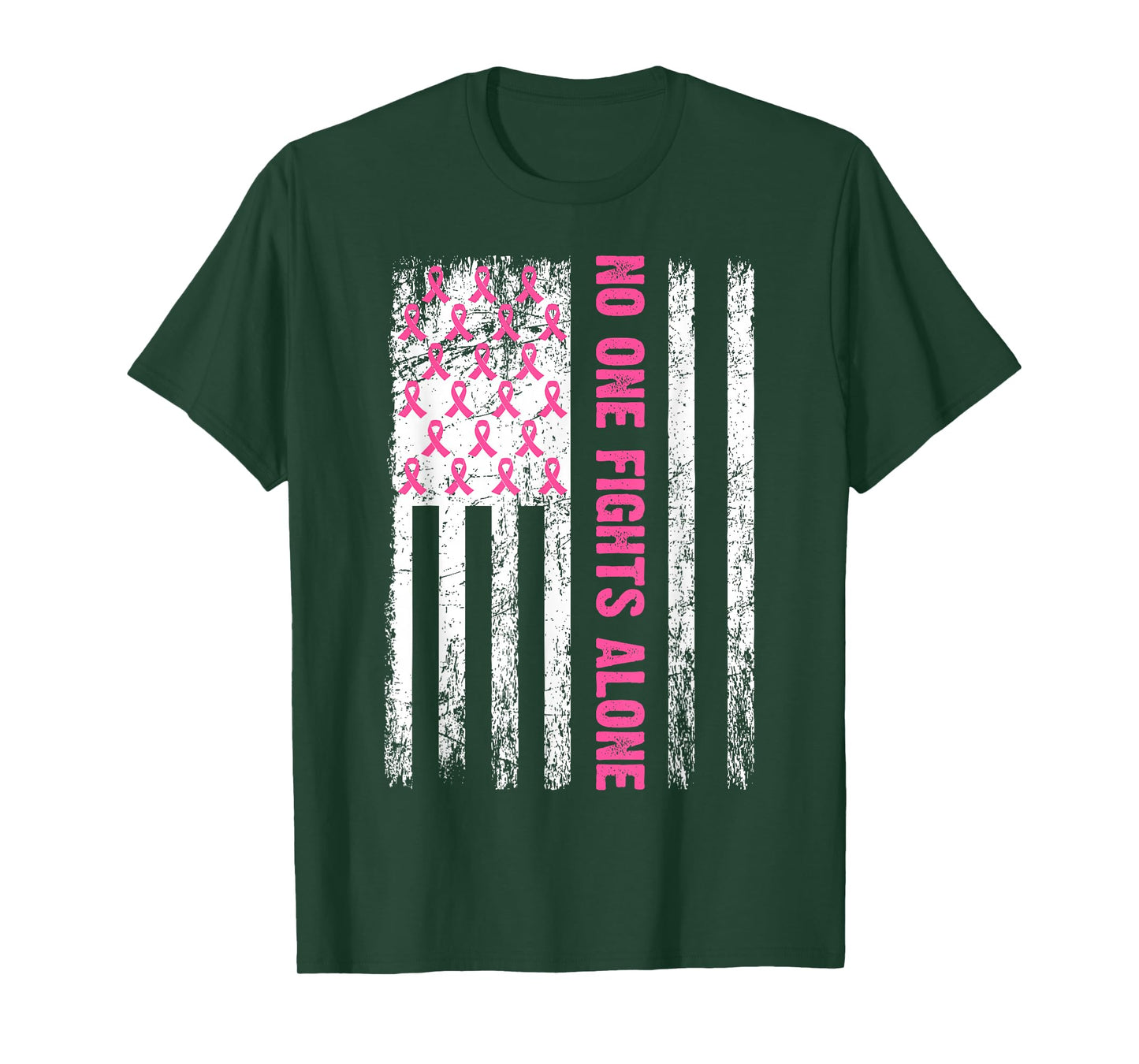 No One Fight Breast Cancer Alone Pink Ribbon American Flag T-Shirt