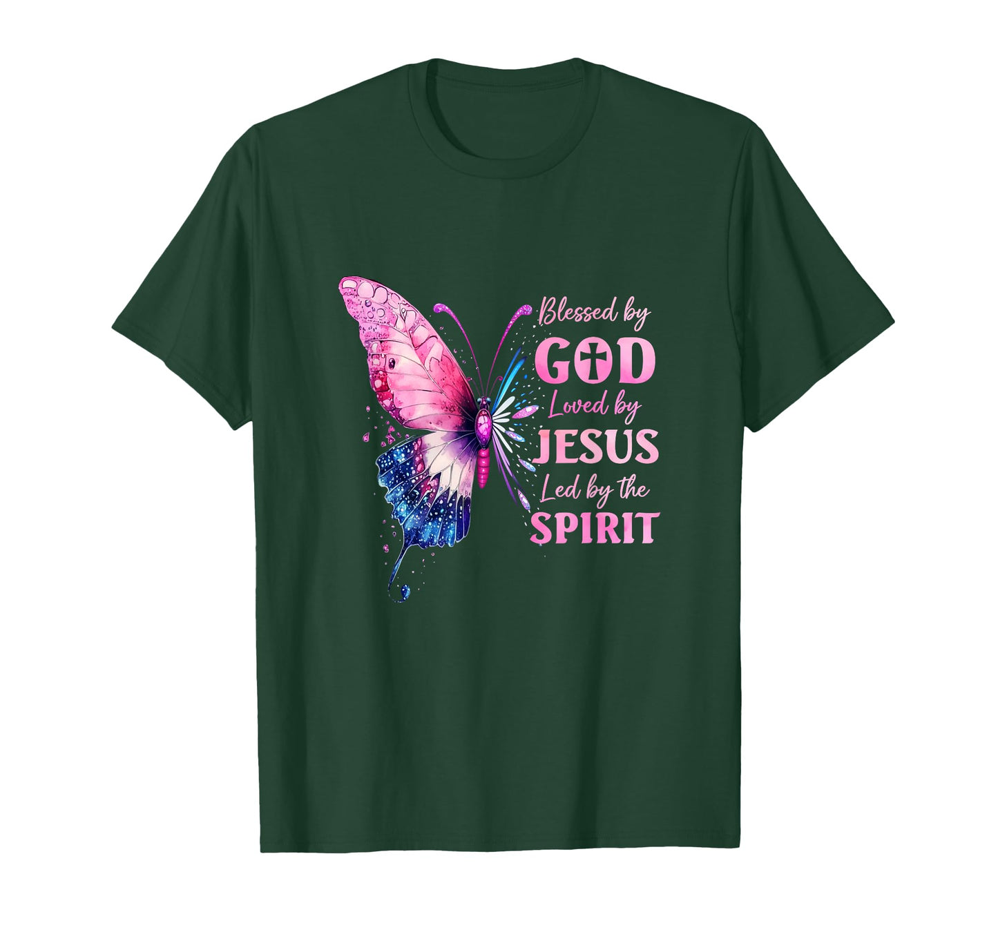 Blessed By God Loved By Jesus Pink Butterfly Christian T-Shirt