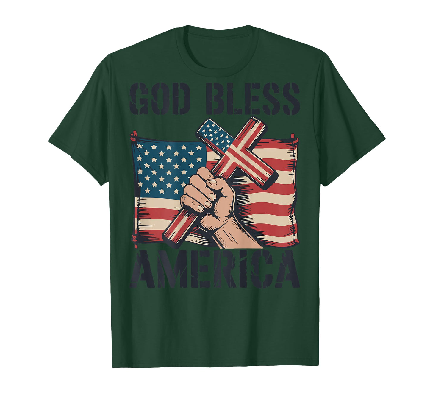 Mens God Bless American Flag Christian Patriotic Cross Jesus T-Shirt