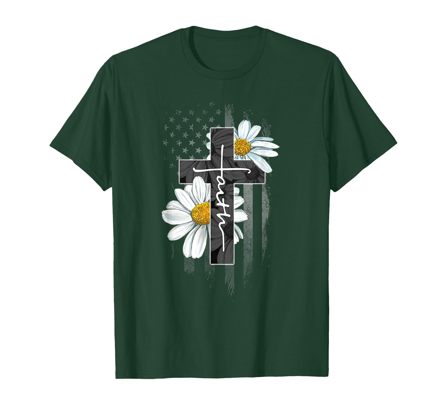 Faith Cross Christian Daisy Flower American Flag T-Shirt for Women Men