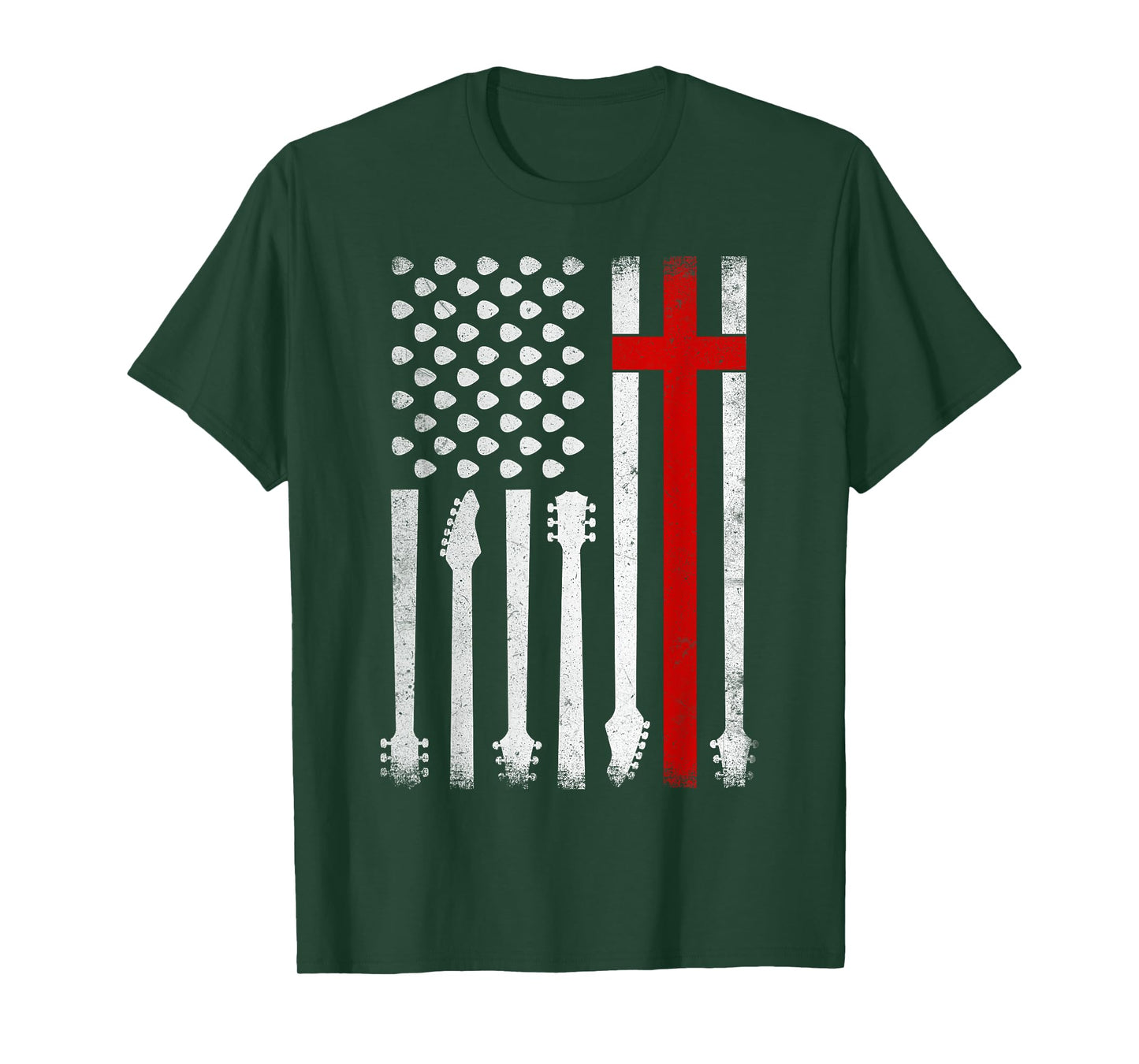 Vintage Guitar Cross US Flag Patriotic Christian Worship Women Kids Men T-Shirt