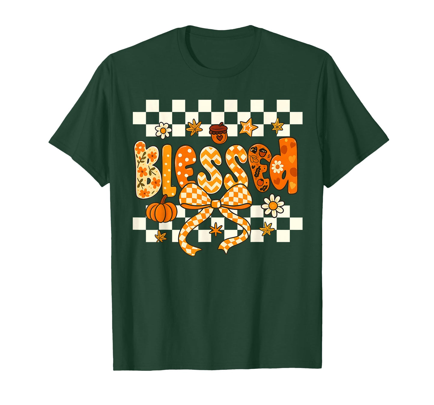 Blessed Checkerboard Pumpkin Autumn Christian Fall Thankful T-Shirt