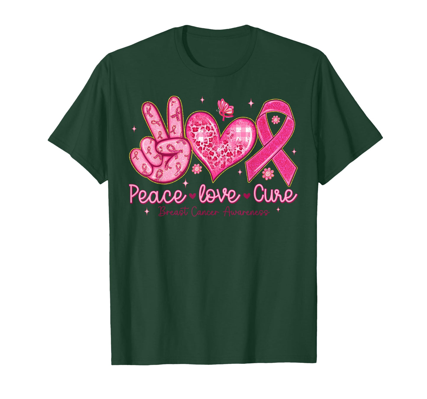 Breast Cancer Awareness Pink Ribbon Peace Love Cure Faith T-Shirt