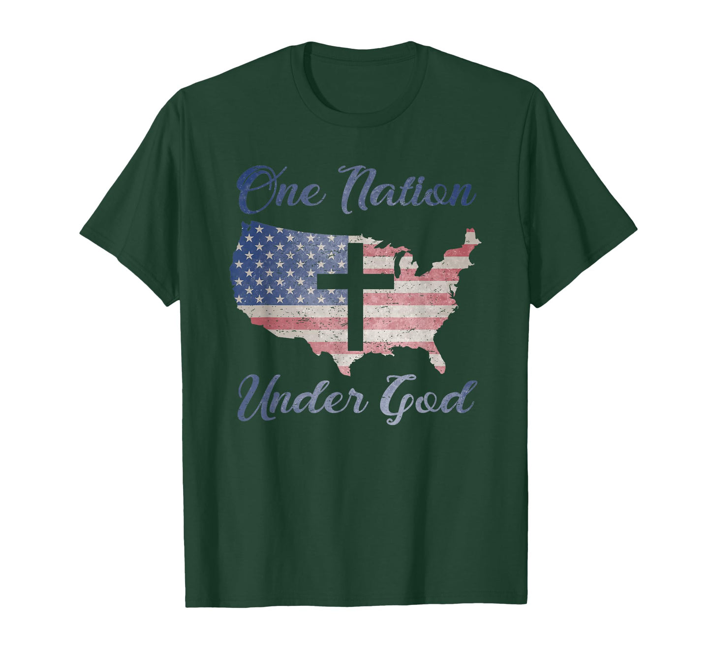 ONE NATION UNDER GOD Christian Cross American Flag USA Map T-Shirt