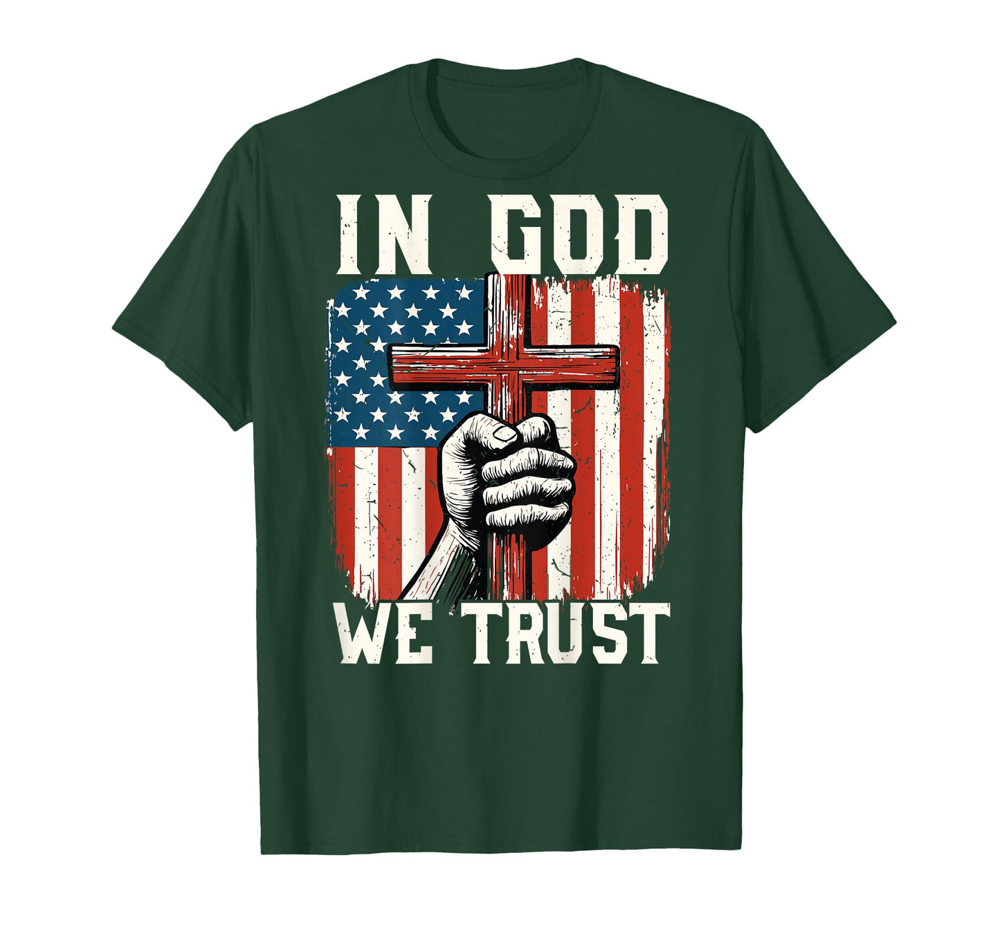 On-Back in God We Trust Patriotic Christian Faith Cross Flag T-Shirt