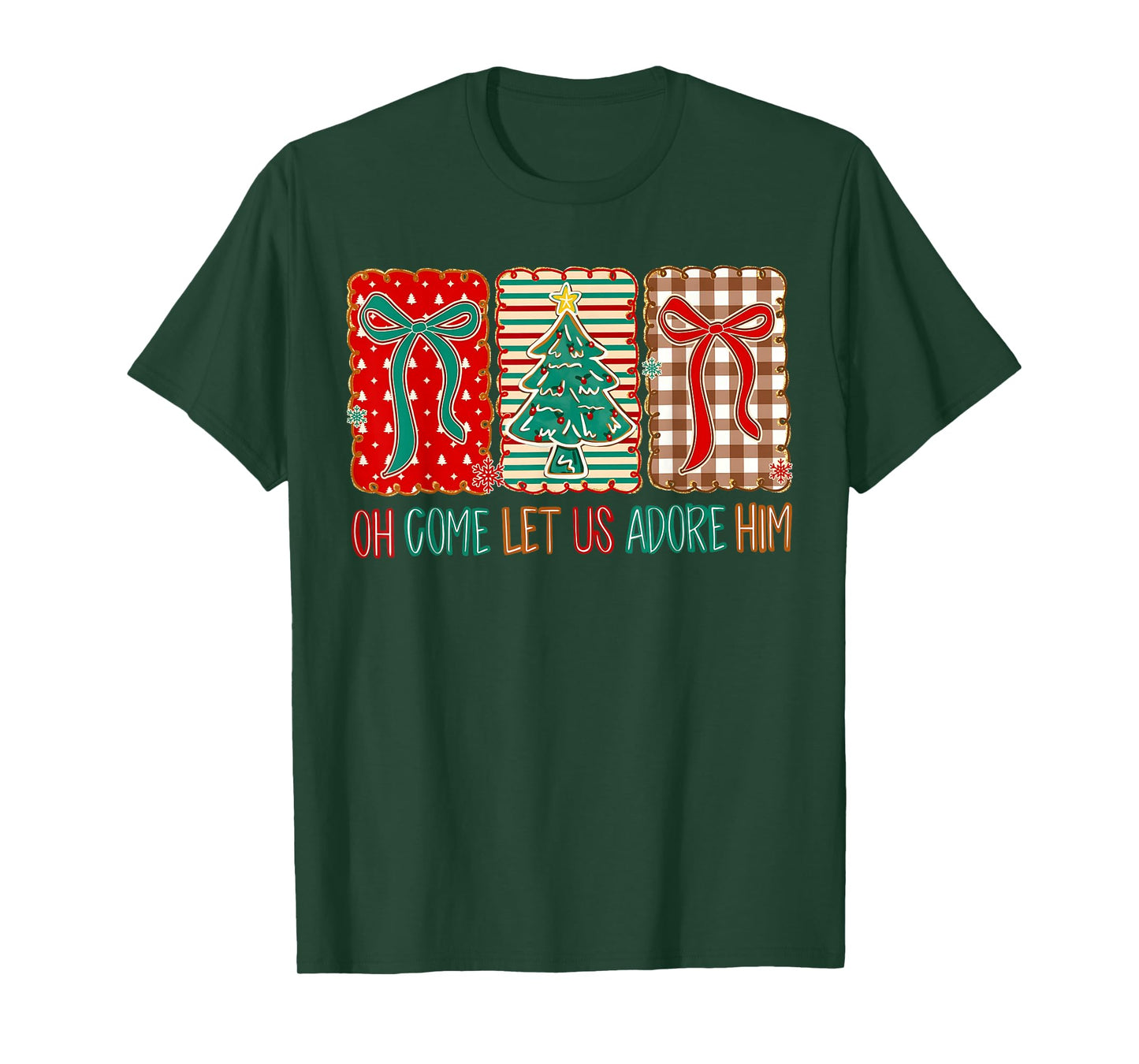 Preppy Christian Christmas Tree Oh Come Let Us Adore Him Bow T-Shirt