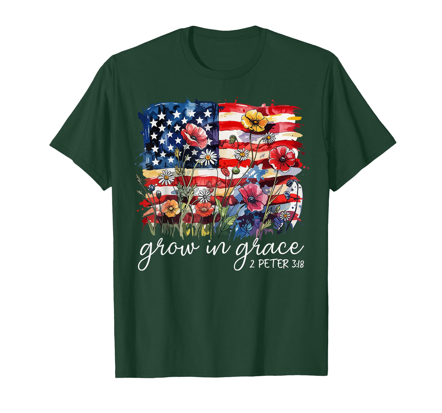 USA Flag Wildflower Grow In Grace Religious Faith Christ T-Shirt