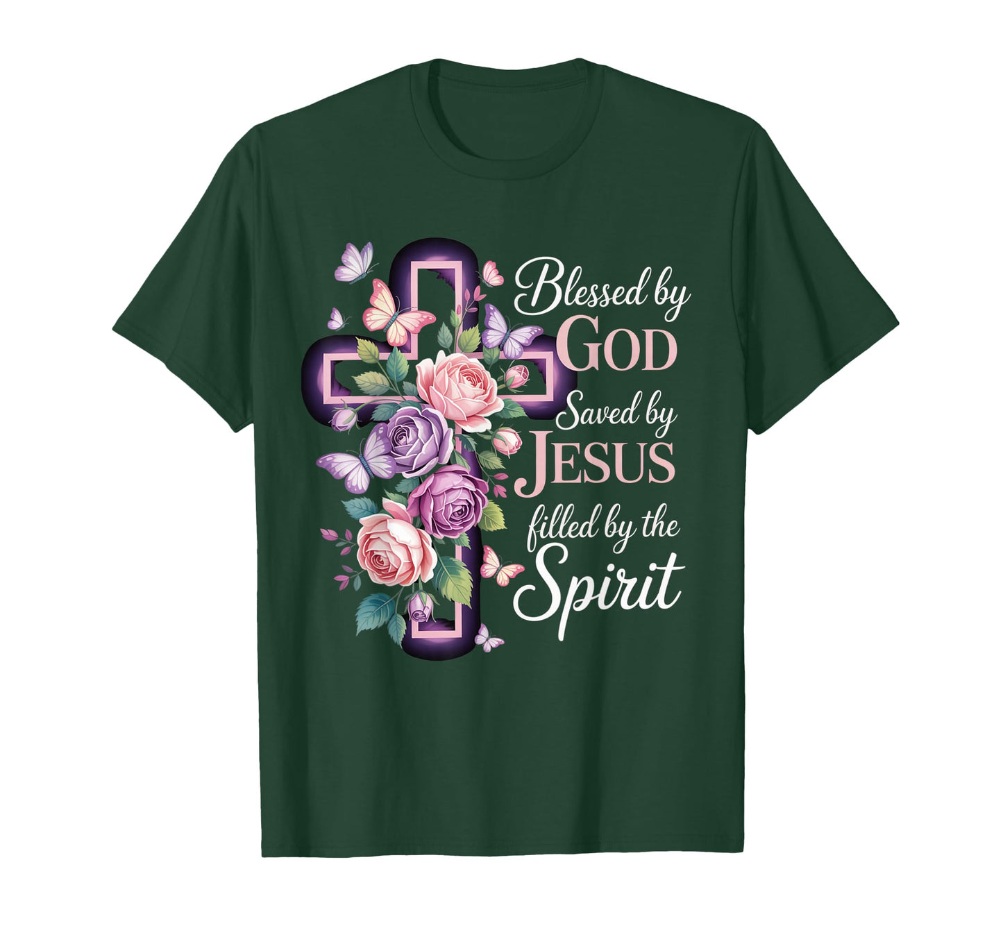 Blessed by God Saved by Jesus Purple Floral Cross Christian T-Shirt