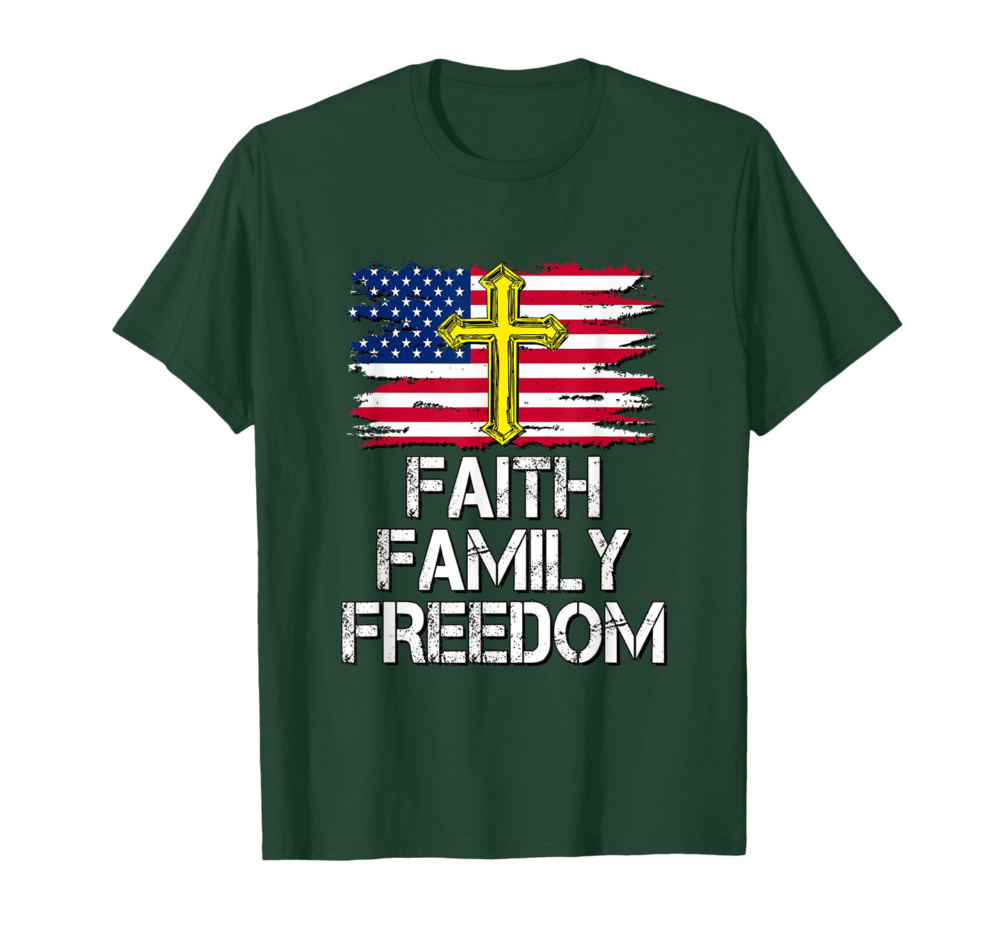 Faith Family Freedom - American Flag and Cross - Distressed T-Shirt for Women Kids Men