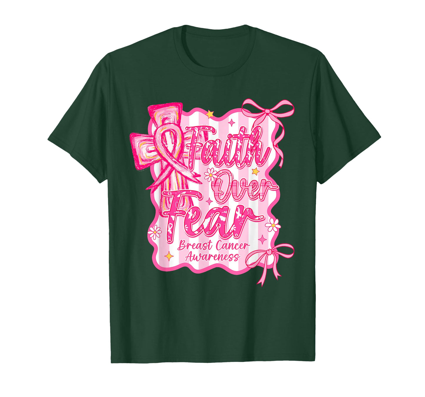 Faith Over Fear Cross Pink Ribbon Christian Breast Cancer T-Shirt