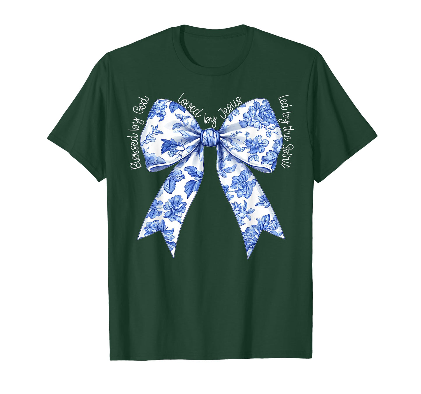Blessed By God Loved By Jesus Blue Toile Coquette Bow T-Shirt