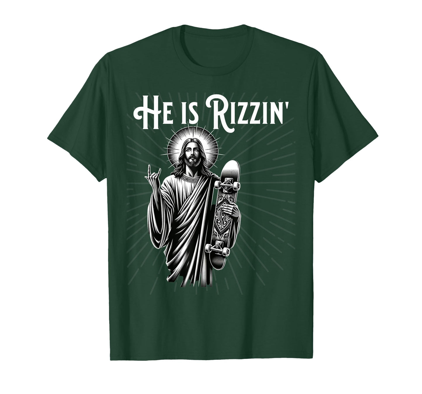 Rizzen Rocker He is Rizzin Funny Jesus Riding Skateboard T-Shirt